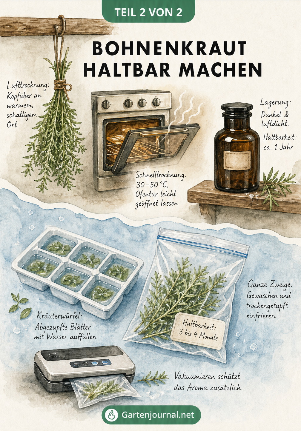 Illustration verschiedener Methoden, um Bohnenkraut haltbar zu machen, wie Lufttrocknung, Schnelltrocknung im Ofen und Einfrieren