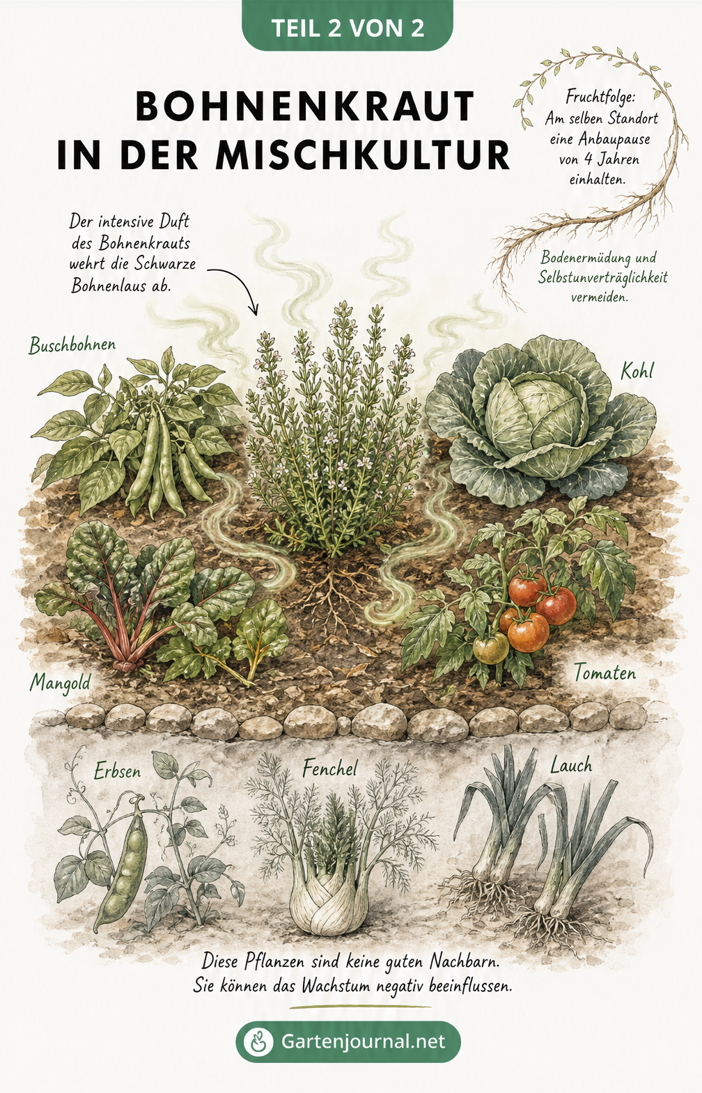 Illustration eines Gemüsebeets mit Bohnenkraut und seinen idealen sowie ungeeigneten Pflanznachbarn