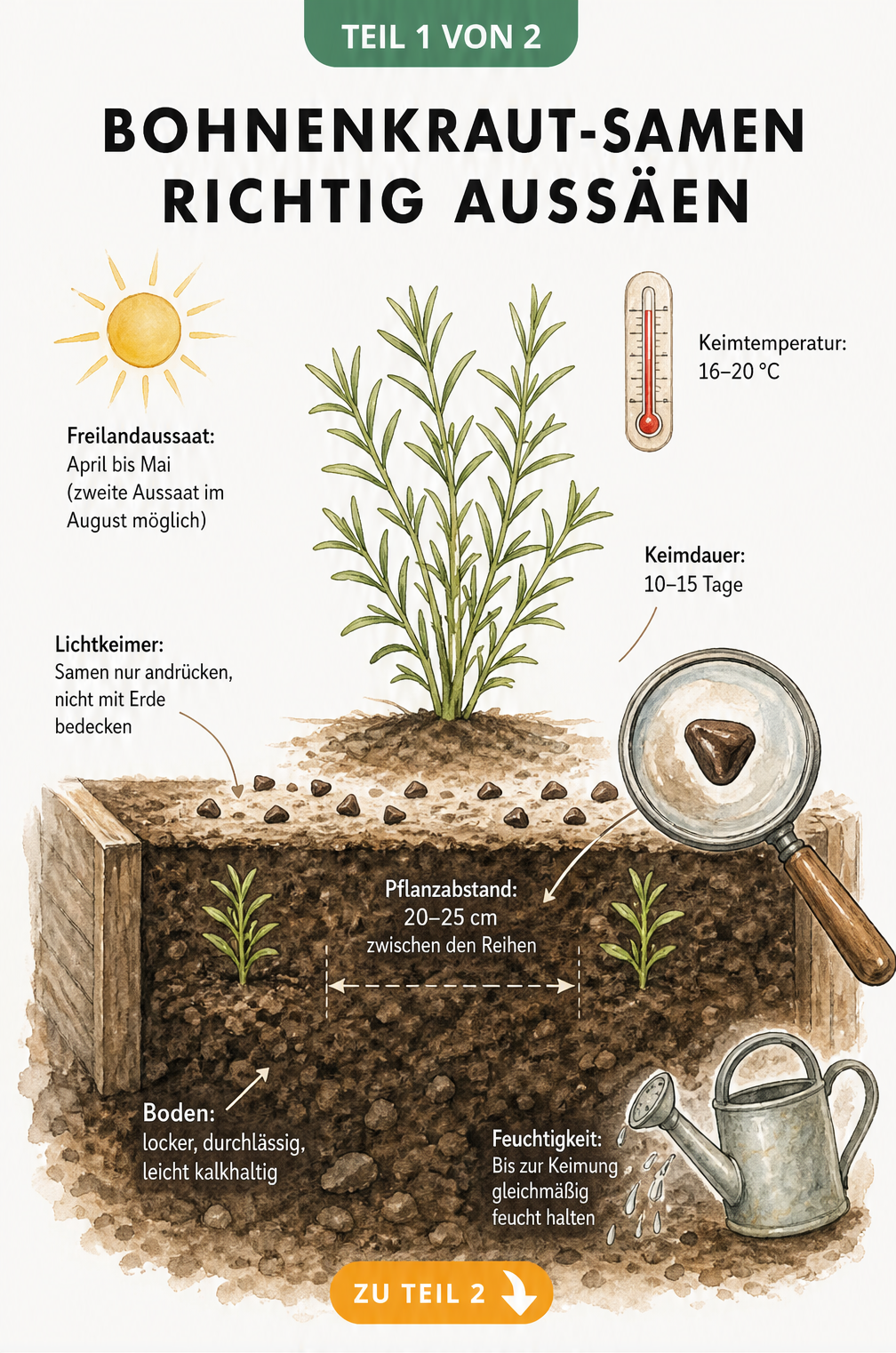 Illustration eines Gartenbeets mit Bohnenkraut-Samen, Lupe und Hinweisen zu Pflanzabstand, Keimtemperatur und Bodenbeschaffenheit
