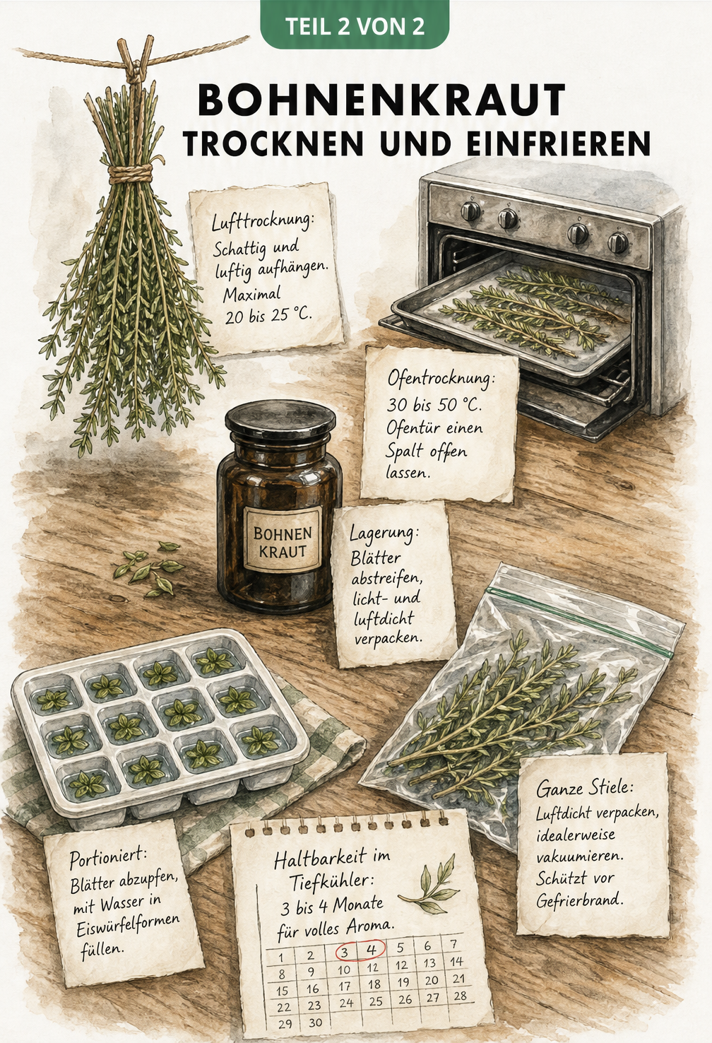 Illustration zum Trocknen und Einfrieren von Bohnenkraut mit hängenden Bündeln, Backofen und Eiswürfelform