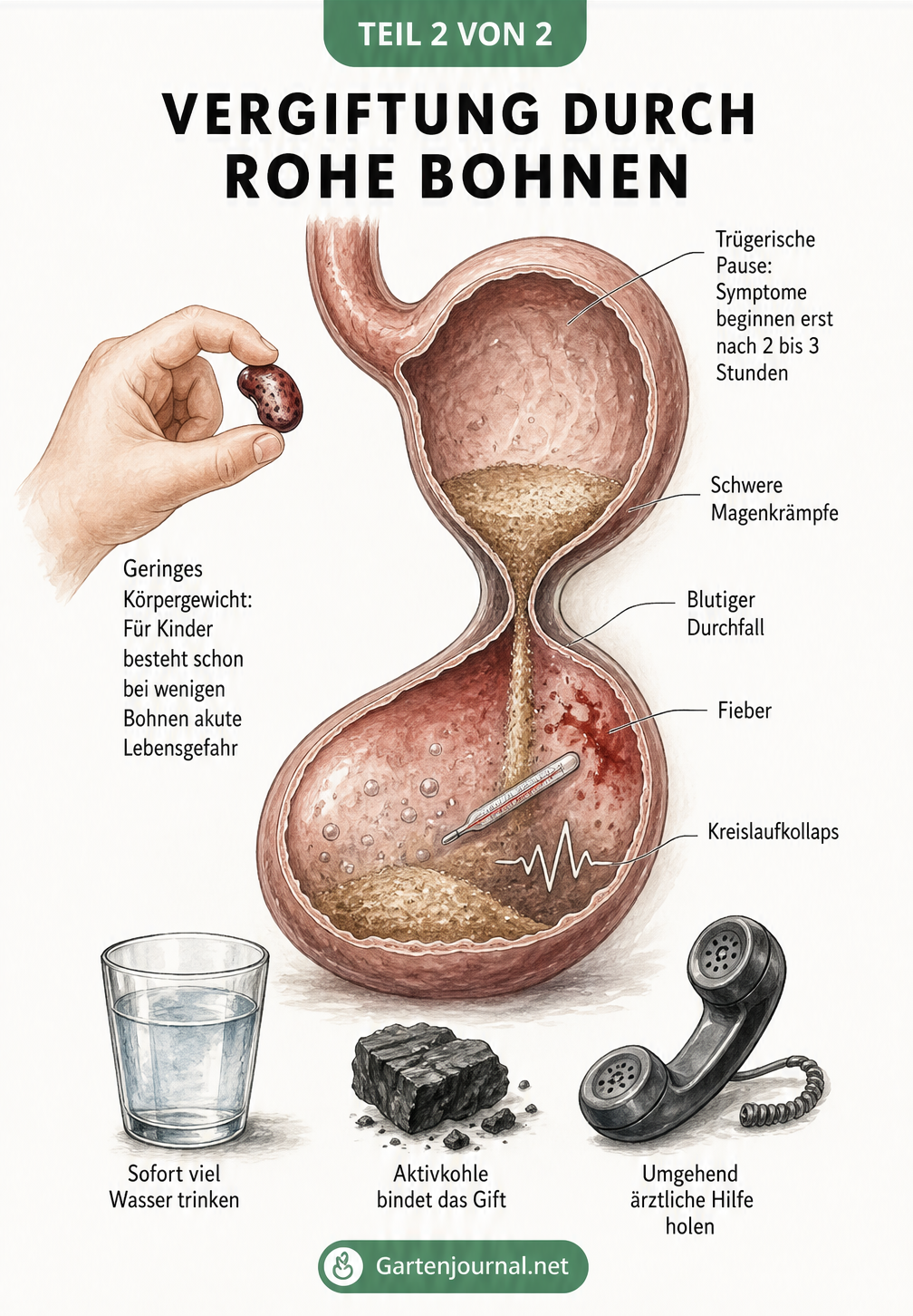 Anatomische Zeichnung eines Magens in Form einer Sanduhr, die Symptome einer Bohnenvergiftung und Erste-Hilfe-Maßnahmen wie Wasser trinken und Aktivkohle zeigt.