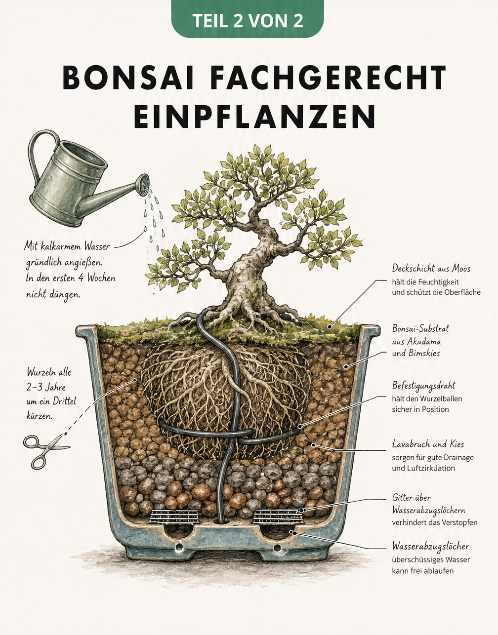 Querschnitt einer Bonsaischale mit den verschiedenen Erdschichten, Wurzelballen und Befestigungsdraht