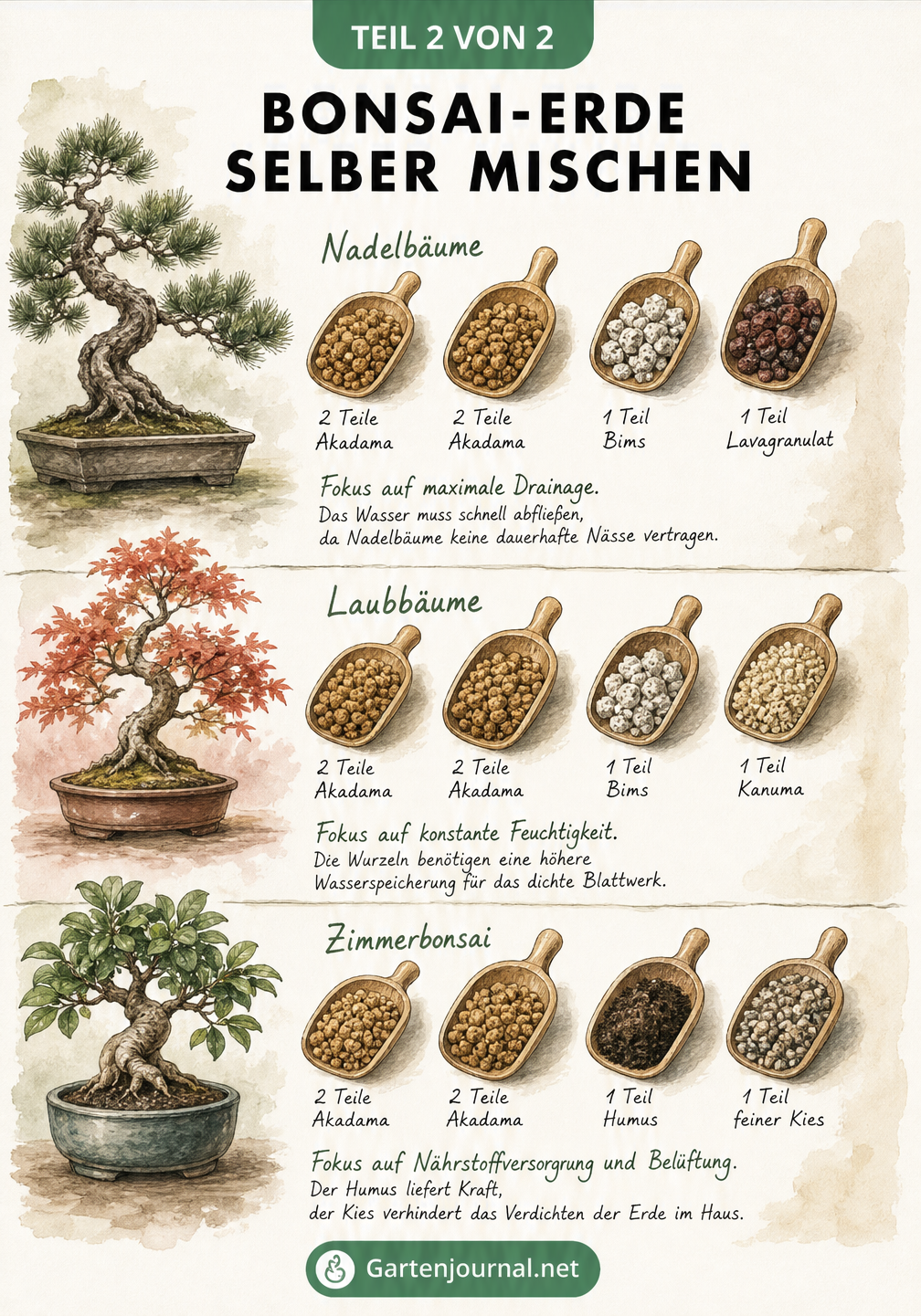 Illustration von Mischverhältnissen für Bonsai-Erde für Nadelbäume, Laubbäume und Zimmerbonsai