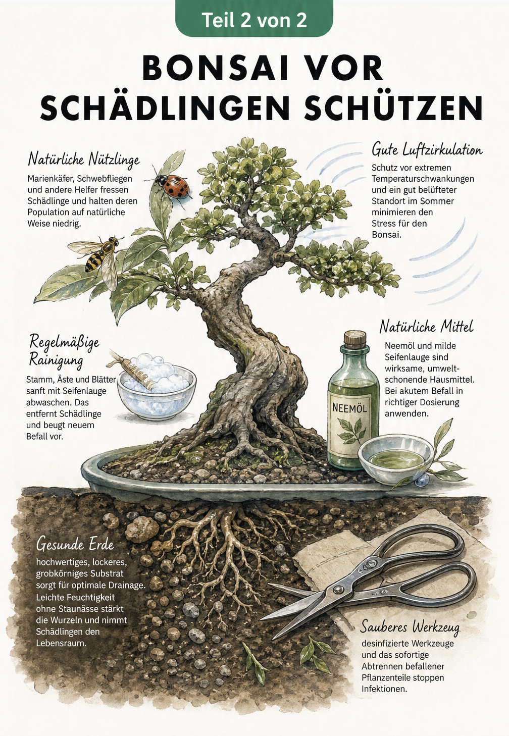 Querschnitt durch eine Bonsaischale mit Baum, der optimale Drainage, sauberes Werkzeug, Hausmittel wie Neemöl und natürliche Nützlinge wie Marienkäfer zur...