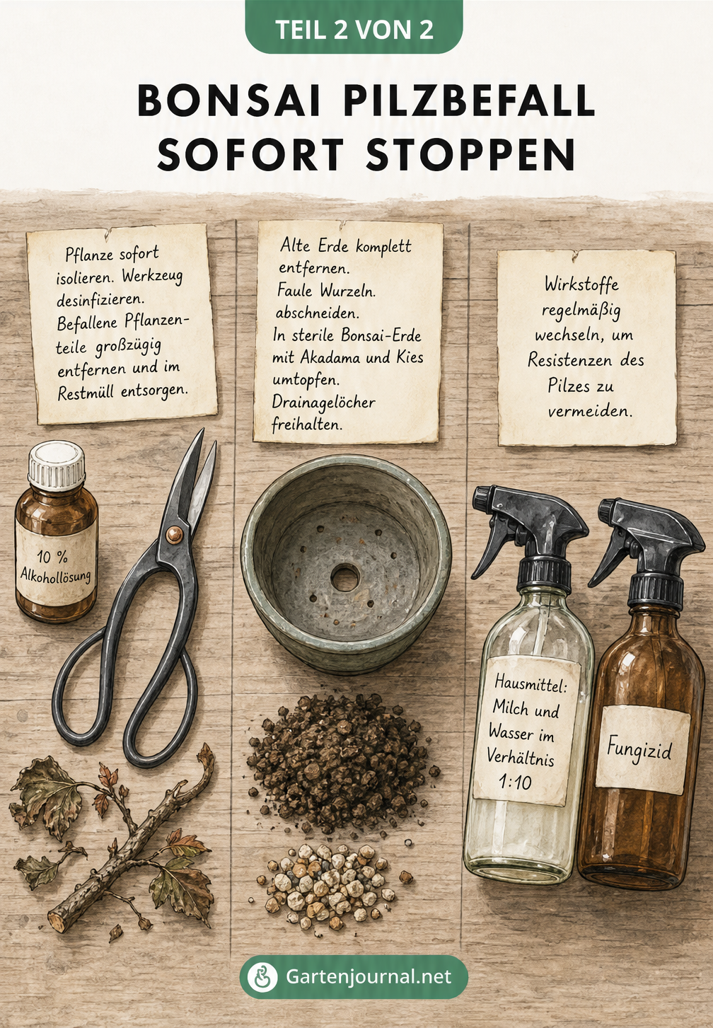 Illustration eines Pflanztisches mit Bonsaischere, Desinfektionsmittel, frischer Erde und Fungiziden zur Behandlung von Pilzbefall.