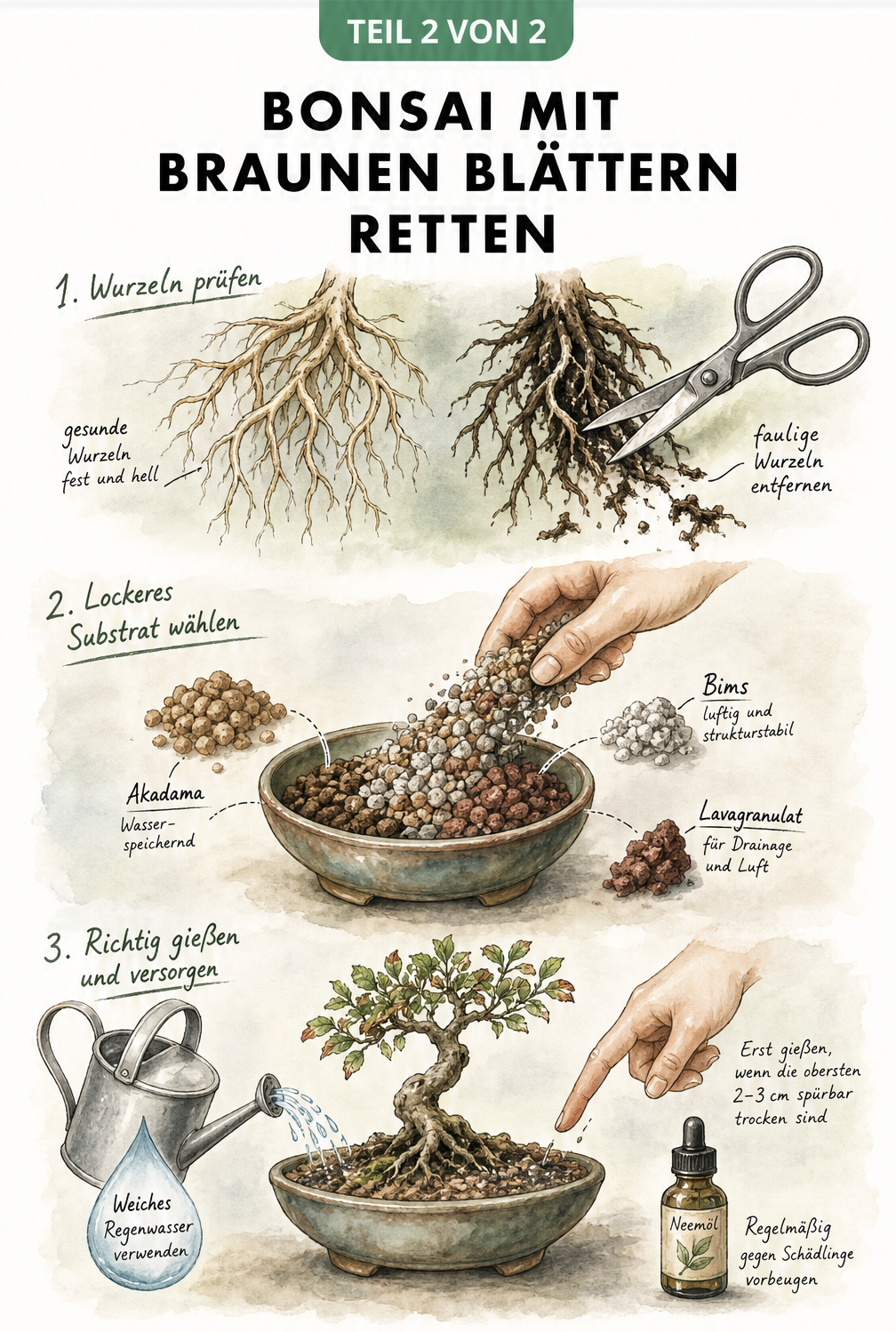 Aquarellierte Darstellung zur Rettung eines Bonsais: Vergleich gesunder und verfaulter Wurzeln, Mischen von durchlässigem Substrat und richtiges Gießen mit...