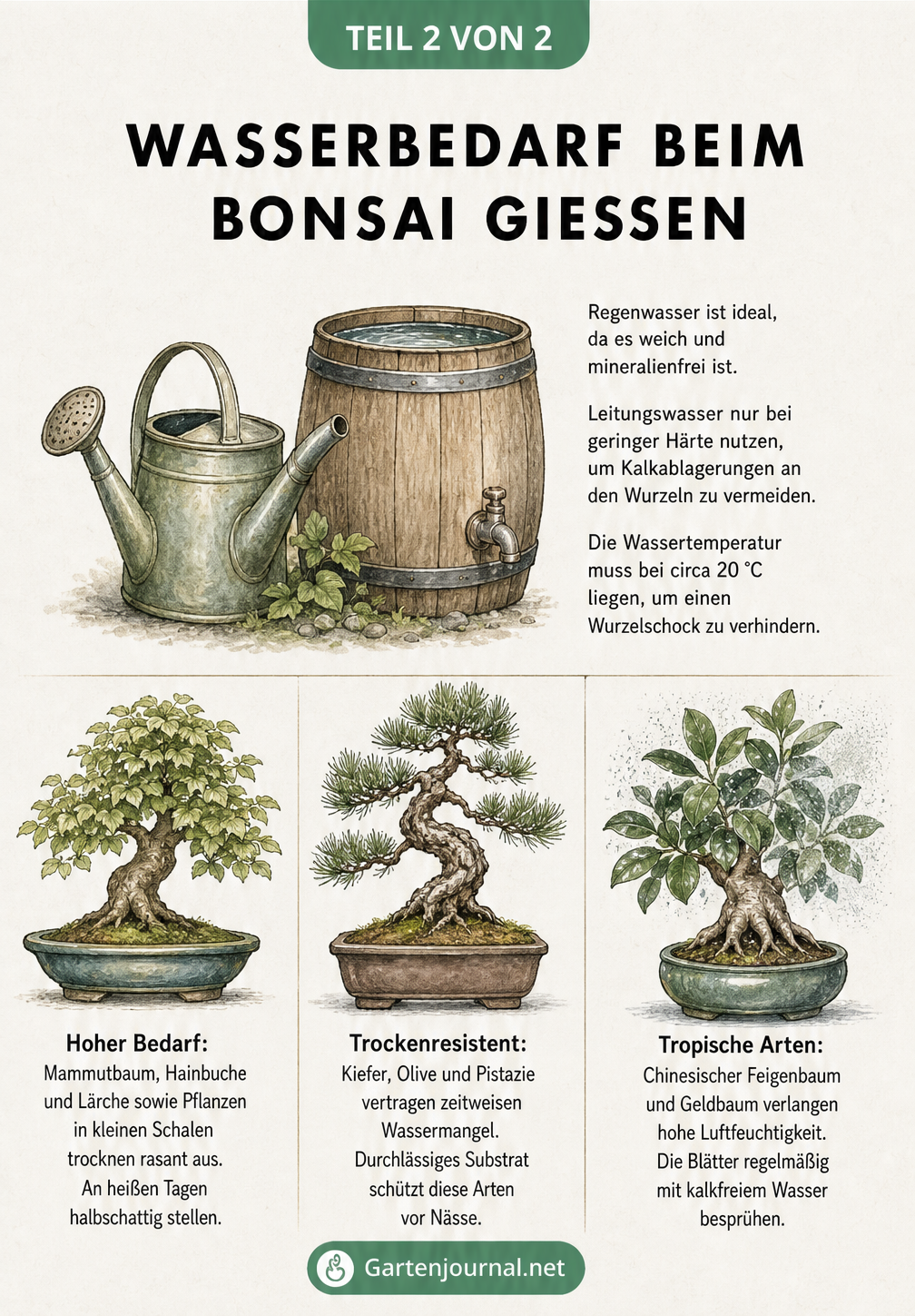 Illustration einer Gießkanne und eines Regenfasses sowie drei verschiedene Bonsai-Arten mit ihren spezifischen Wasserbedürfnissen