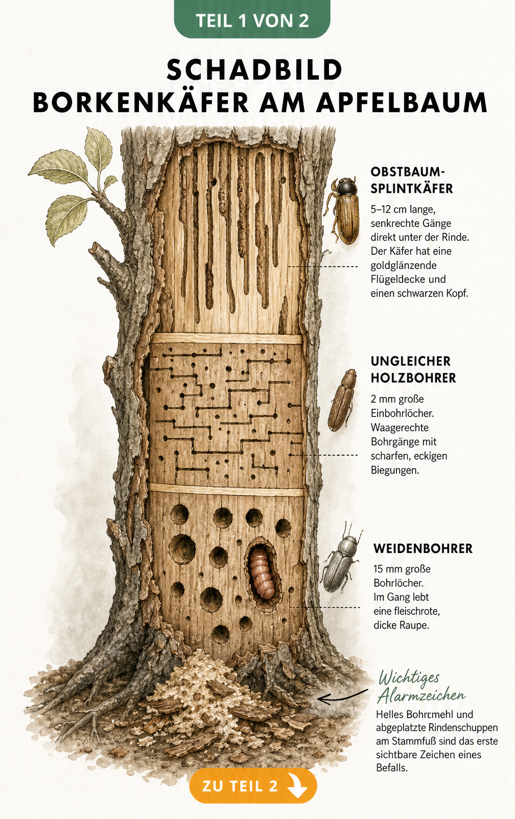 Illustration eines Apfelbaumstamms im Längsschnitt mit Fraßspuren und Bohrgängen von Obstbaumsplintkäfer, Ungleichem Holzbohrer und Weidenbohrer.