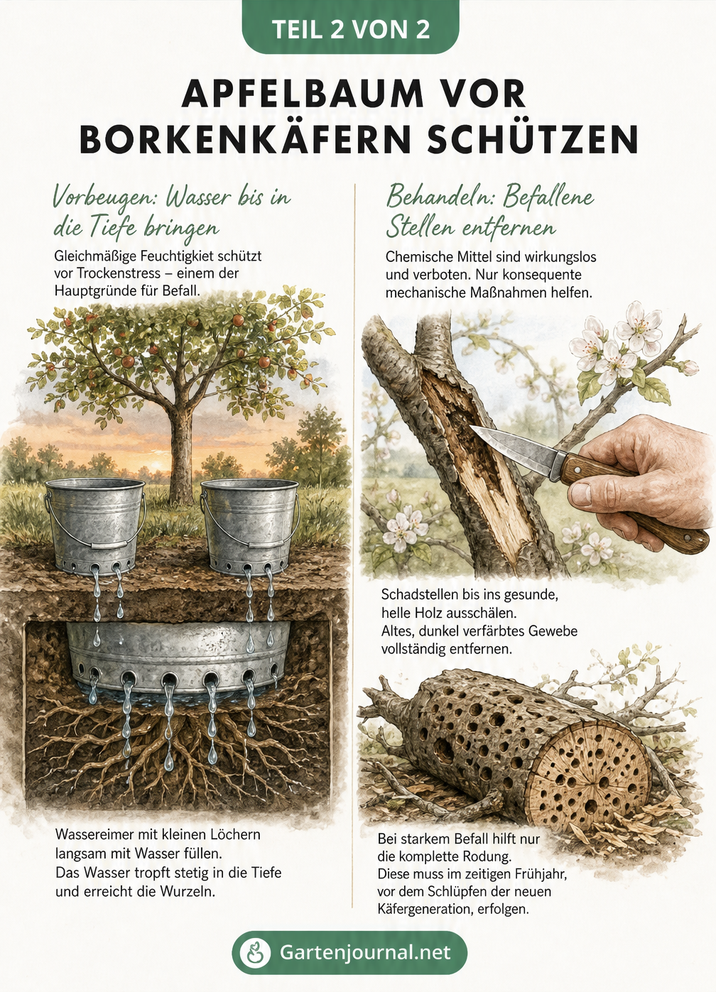 Zweigeteilte Illustration: Links Tröpfchenbewässerung eines Apfelbaums zur Vorbeugung, rechts das Ausschälen von Schadstellen und ein gerodeter Stamm.