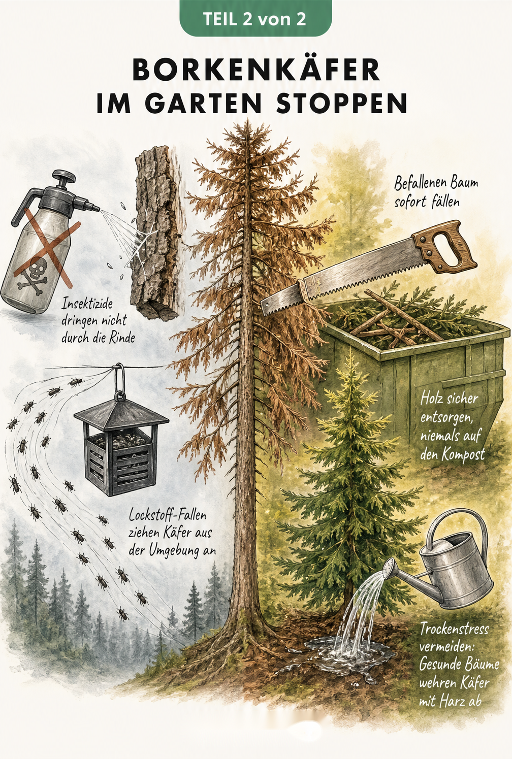 Illustration zur Bekämpfung von Borkenkäfern im Garten: Baum fällen, Holz entsorgen und gesunde Bäume wässern