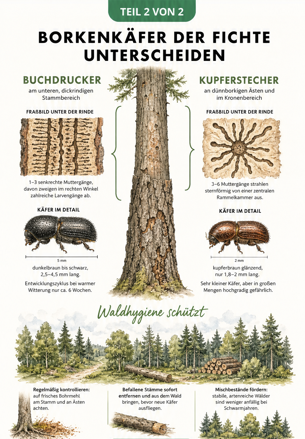 Gegenüberstellung der Borkenkäfer Buchdrucker und Kupferstecher mit ihren Fraßbildern
