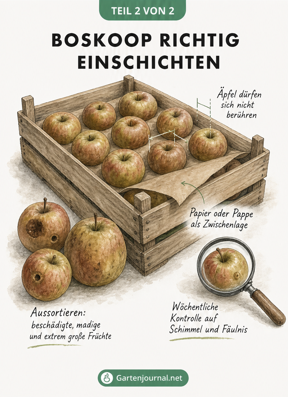 Illustration einer Holzkiste mit Boskoop-Äpfeln, die sich nicht berühren, und aussortierten beschädigten Früchten
