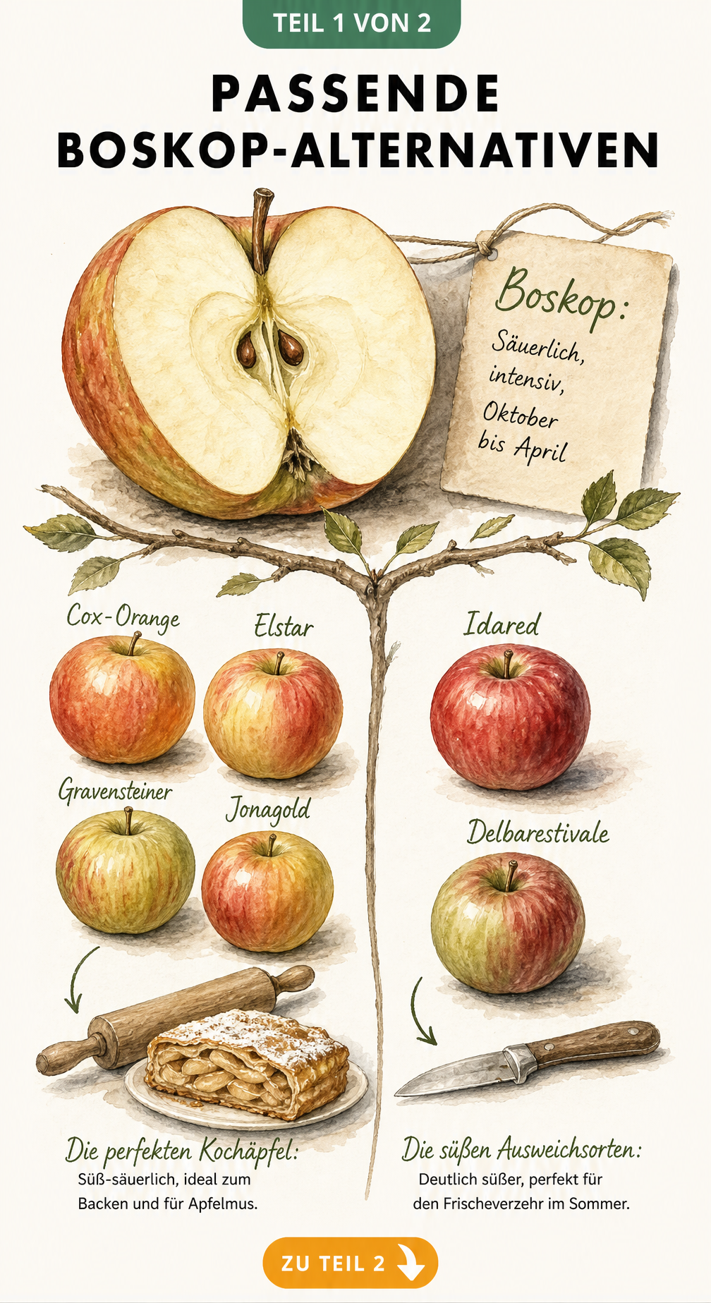 Botanische Illustration von Boskop-Alternativen wie Cox-Orange, Elstar, Gravensteiner und Jonagold als Kochäpfel sowie Idared und Delbarestivale als süße...