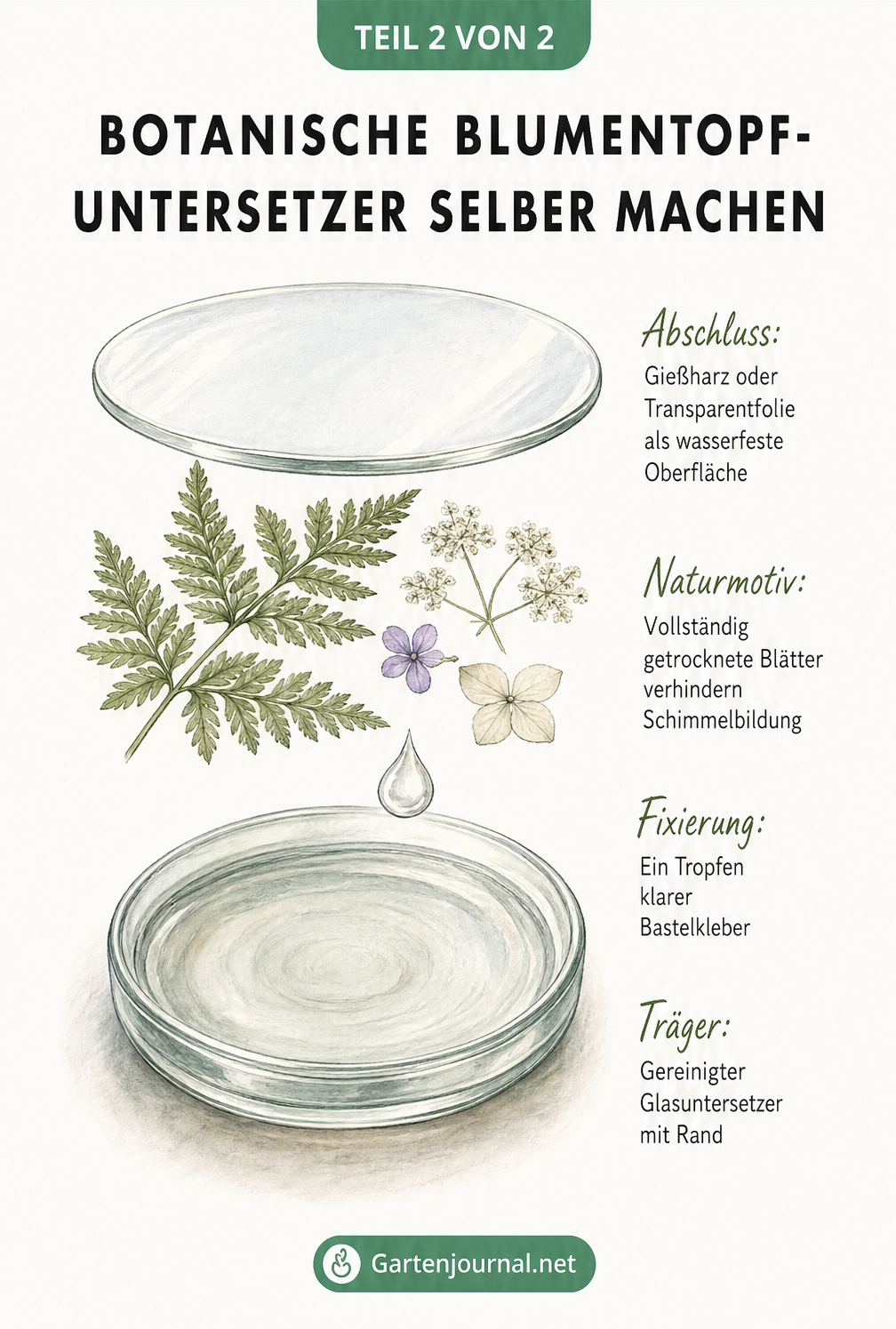 Aufbau eines Glas-Untersetzers mit gepressten Farnblättern, Blüten und Gießharz-Versiegelung