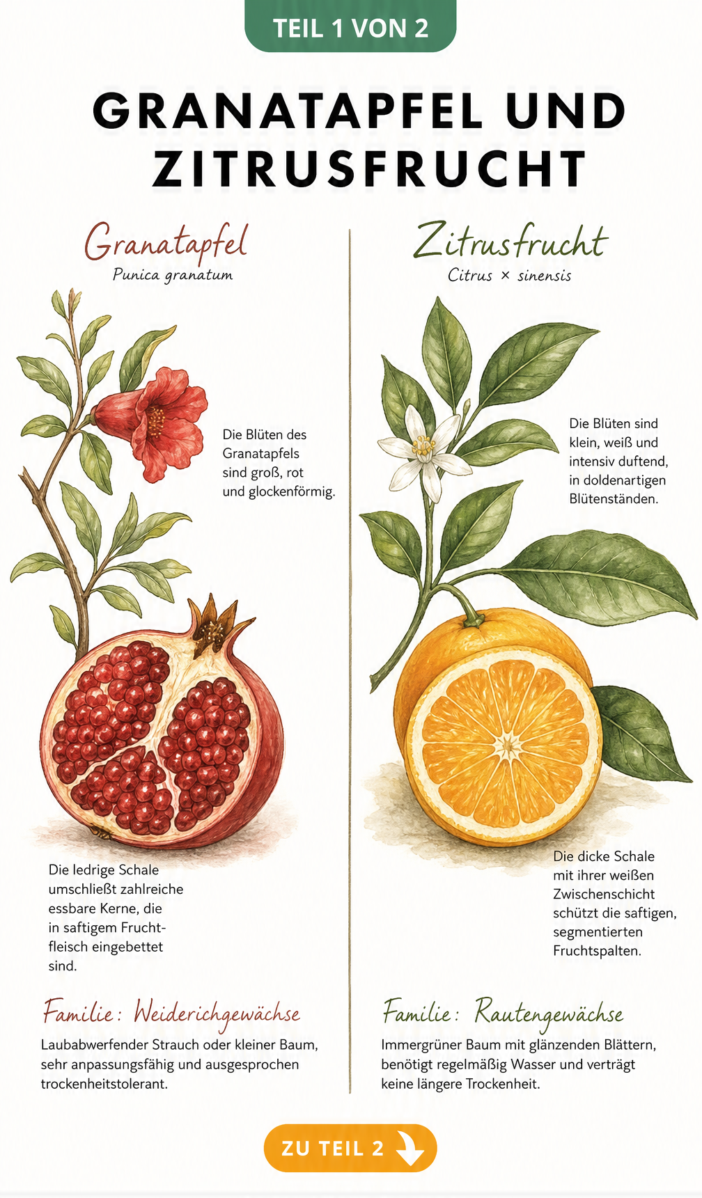 Botanische Illustration eines Granatapfelzweigs und eines Zitruszweigs im Vergleich