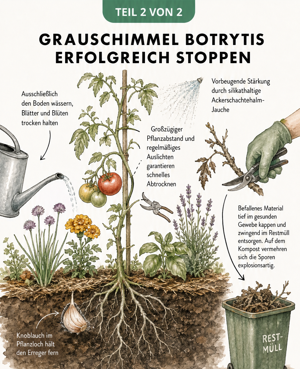 Gartenszene mit Gießkanne, Knoblauch im Pflanzloch und einer Gartenschere, die einen befallenen Zweig abschneidet