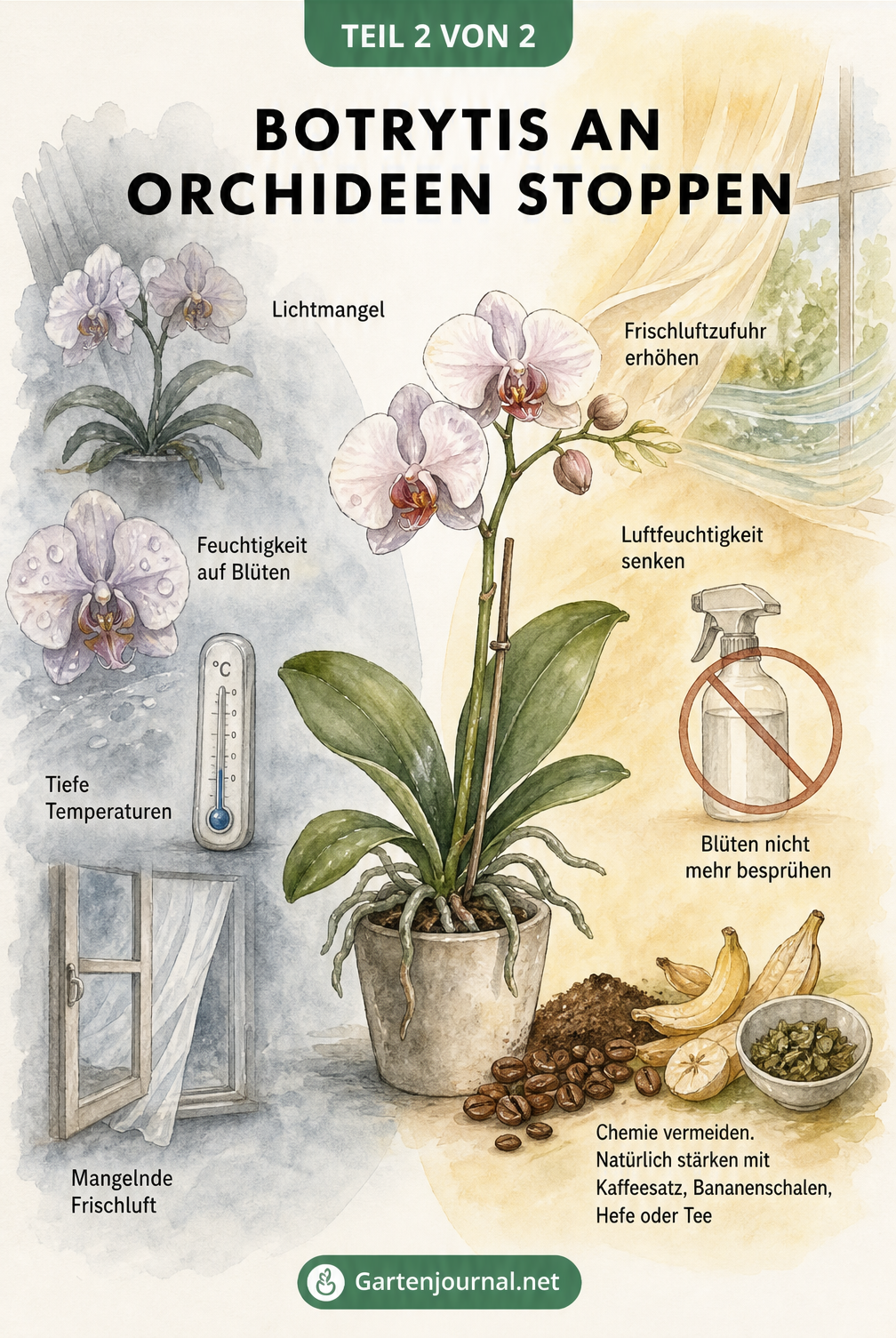 Aquarell-Illustration einer Orchidee, die links Ursachen wie Lichtmangel und Feuchtigkeit zeigt und rechts Maßnahmen wie Frischluft und natürliche Stärkung