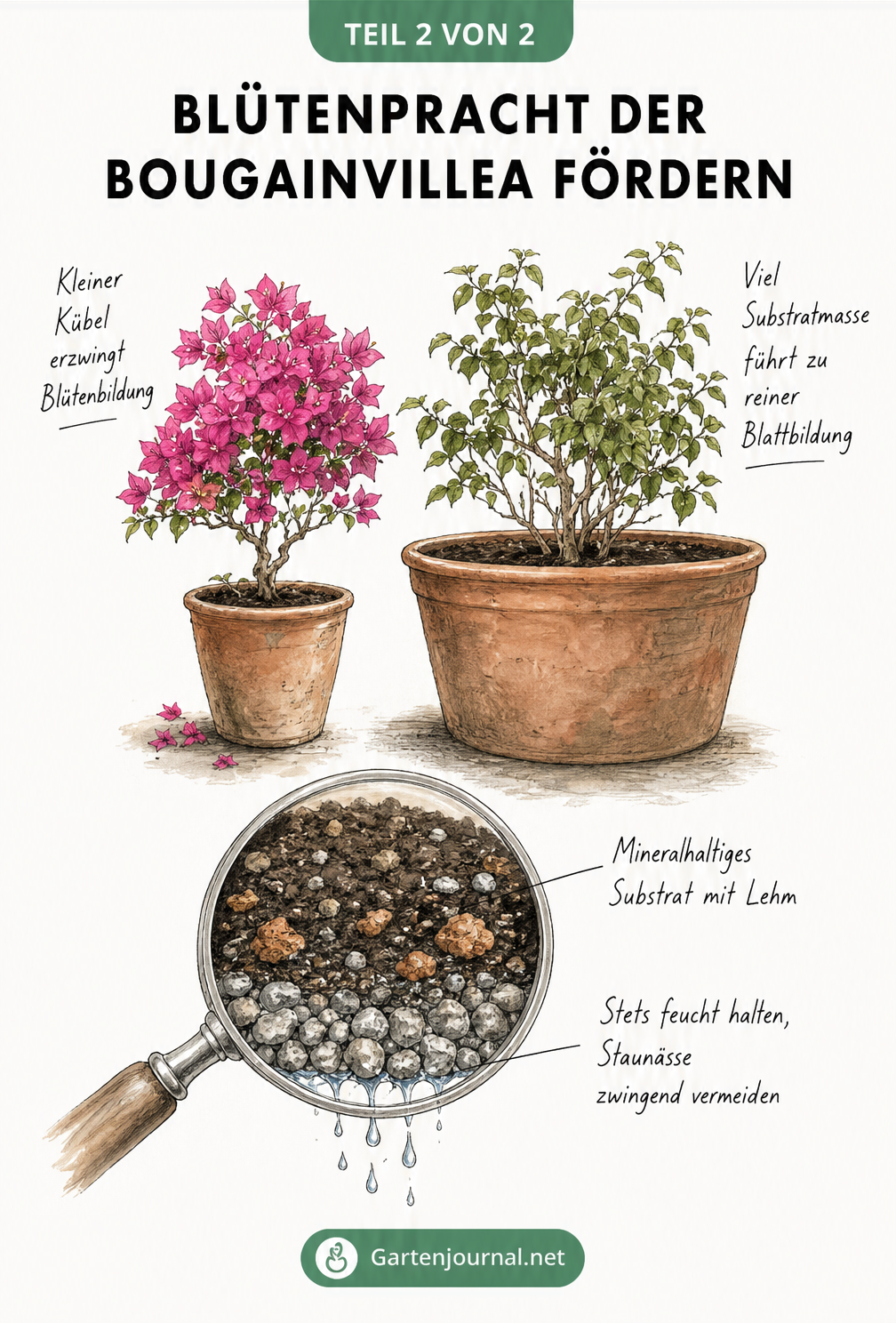 Vergleich zweier Bougainvilleen: Ein kleiner Topf fördert die Blütenbildung, ein großer Topf führt zu reiner Blattbildung