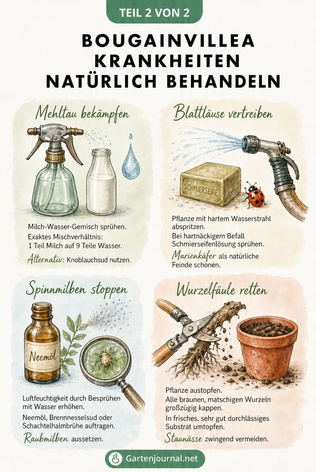 Illustration von Hausmitteln gegen Bougainvillea-Krankheiten wie Milch-Wasser-Gemisch, Schmierseife und Neemöl