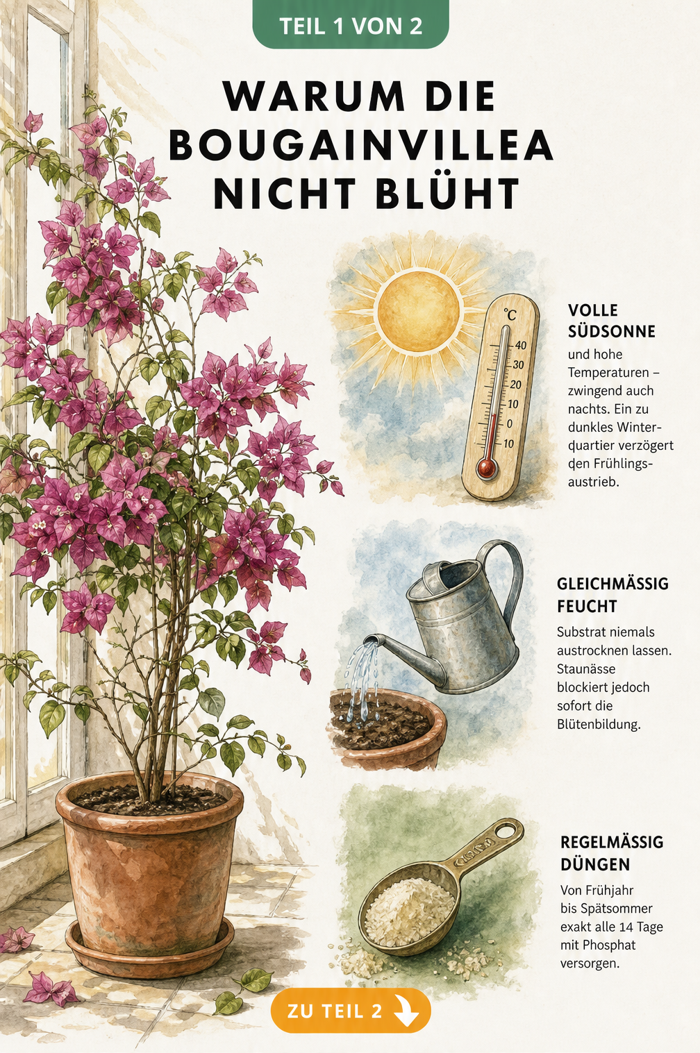 Botanische Illustration einer Bougainvillea im Terrakottatopfen mit Pflegehinweisen zu Klima, Wasser und Nährstoffen