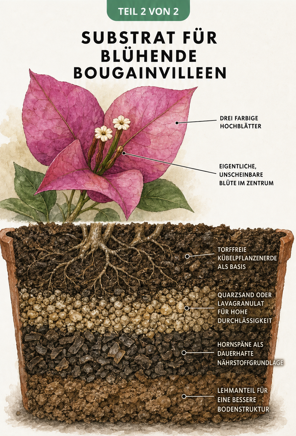 Makro-Illustration einer Bougainvillea-Blüte und Erdschnitt durch den Wurzelballen mit Substrat-Zusammensetzung