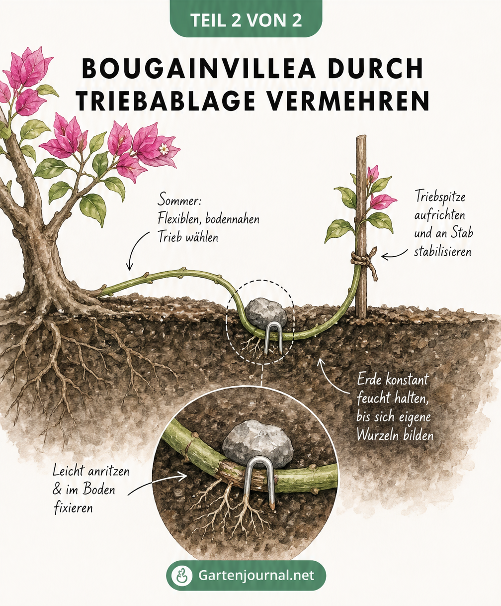 Skizze zur Vermehrung von Bougainvillea durch Triebablage im Gartenboden