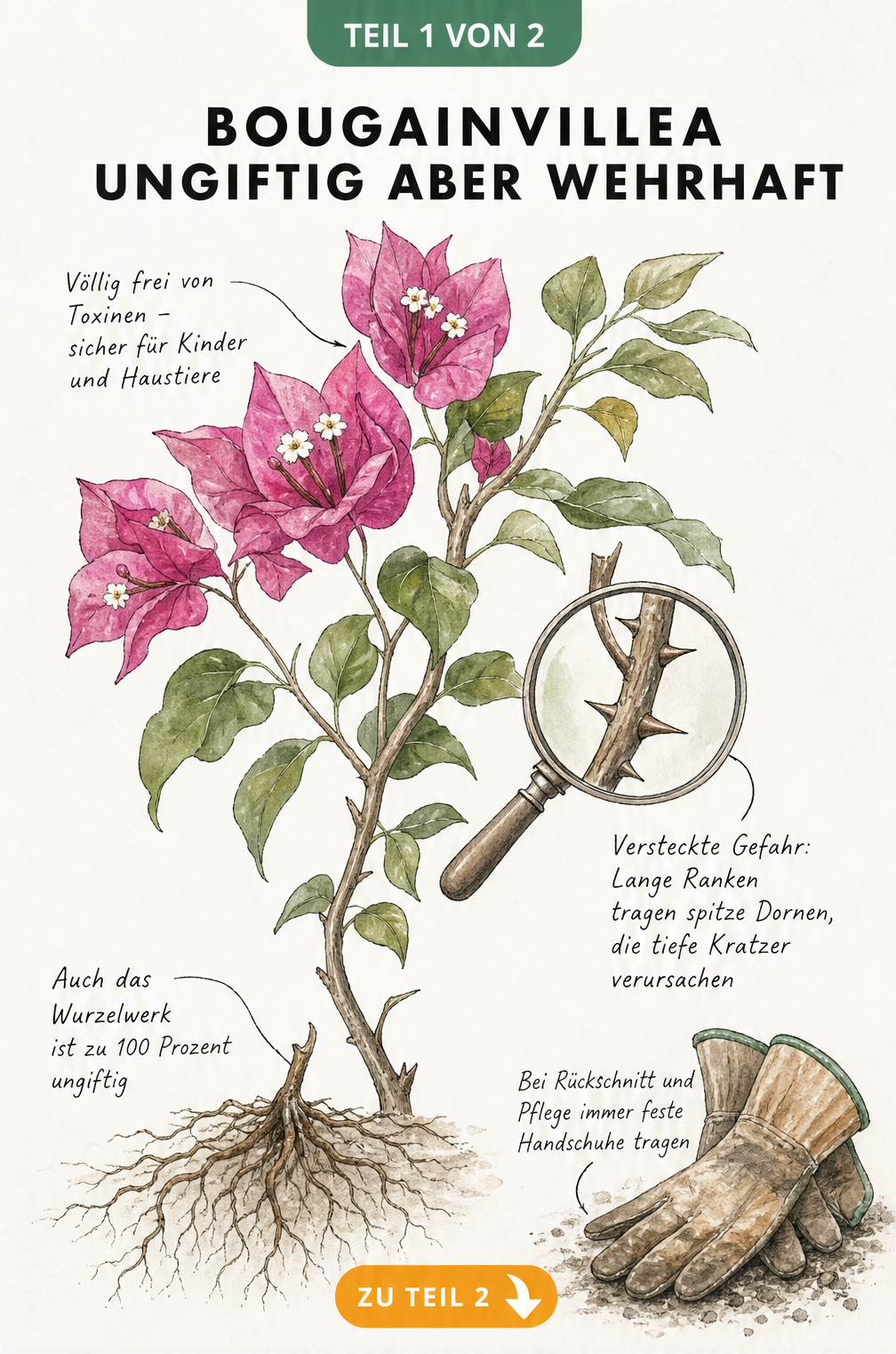 Botanische Illustration einer Bougainvillea mit Fokus auf ungiftige Blätter und spitze Dornen am Stiel