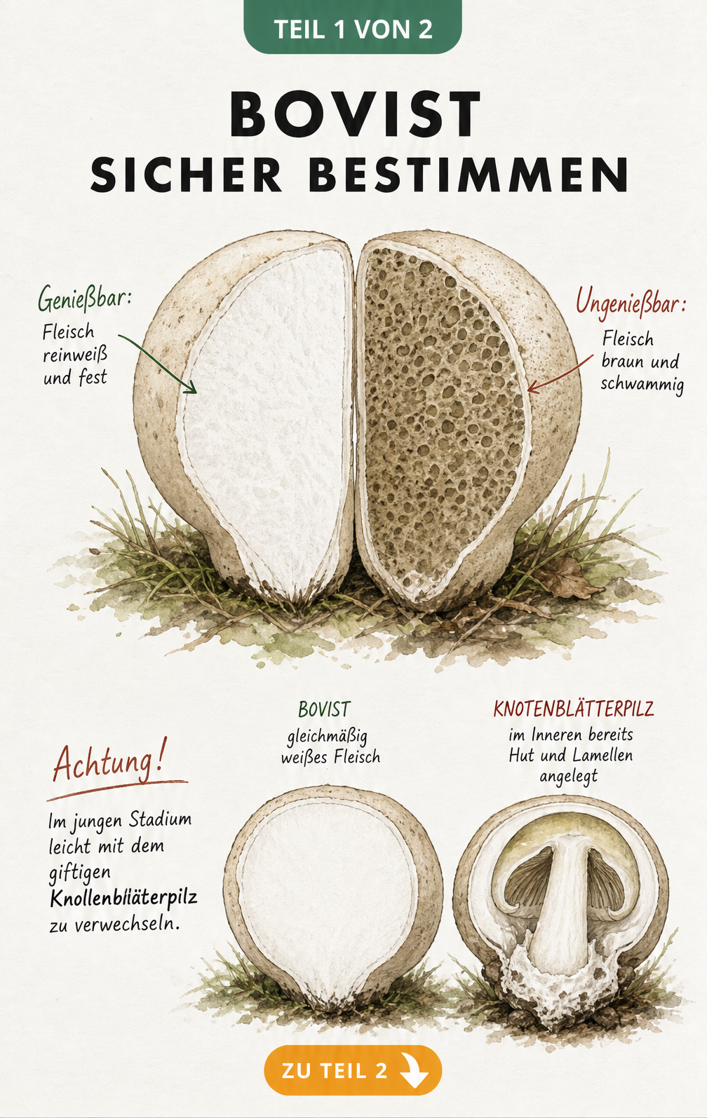 Illustration eines aufgeschnittenen Riesenbovists, der links essbares weißes Fleisch und rechts ungenießbares braunes Fleisch zeigt, sowie einen jungen...