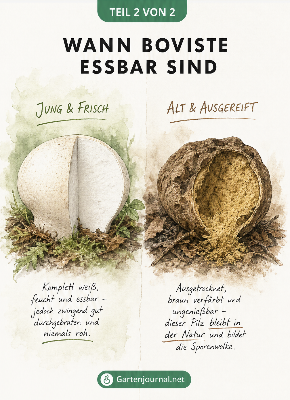Aquarell-Vergleich eines jungen, weißen und essbaren Bovists mit einem alten, braunen und ungenießbaren Bovist.