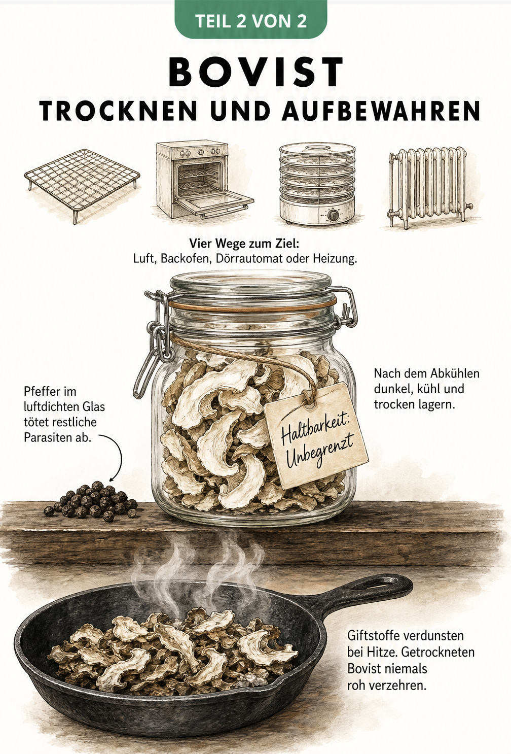 Vintage-Illustration eines Apothekerglases gefüllt mit getrockneten Bovistscheiben, daneben Pfefferkörner und eine Bratpfanne.