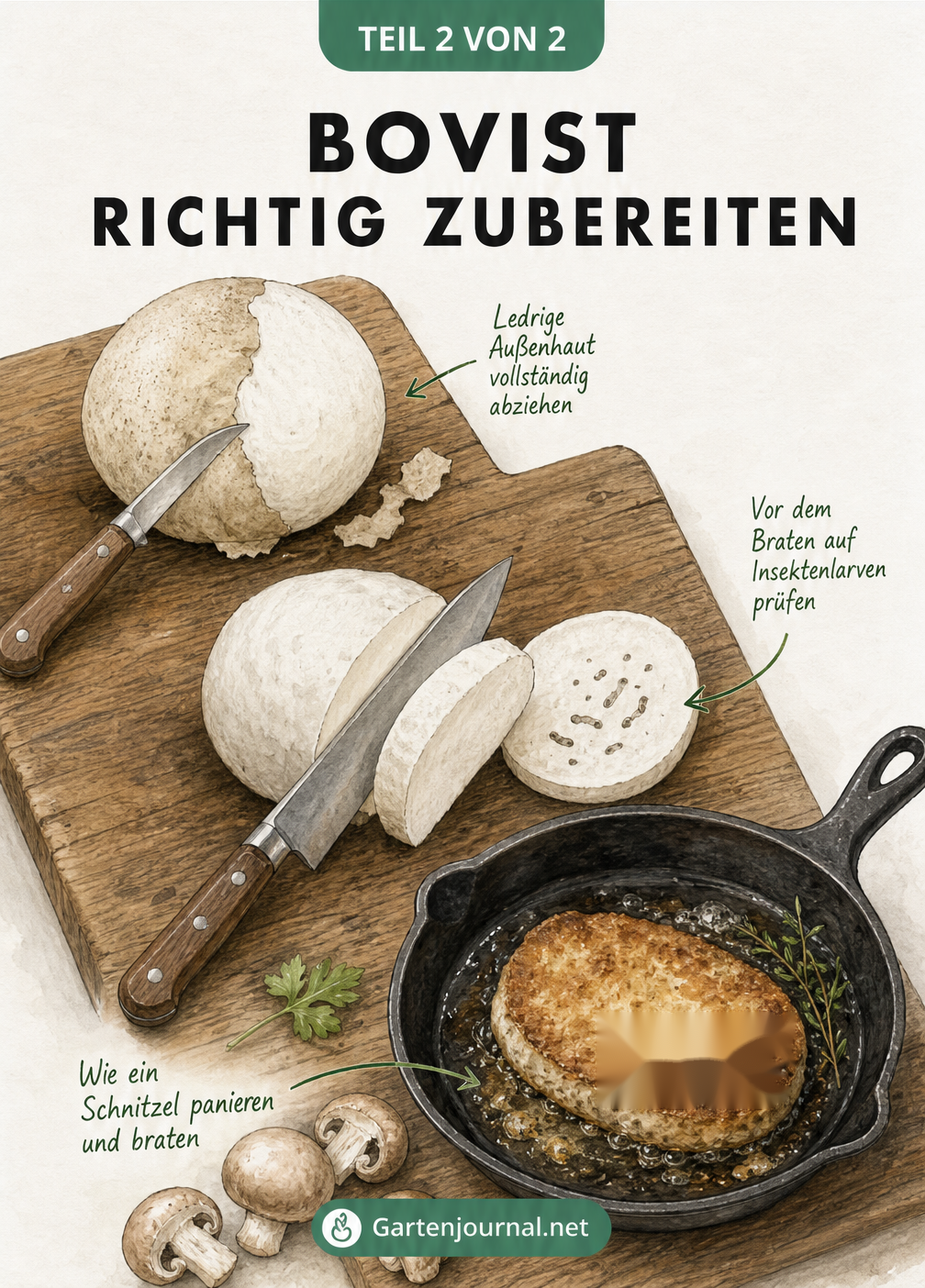 Illustration der Zubereitung eines Bovists auf einem Holzbrett: Abziehen der ledrigen Haut, Schneiden in Scheiben, Prüfen auf Insektenlarven und Braten in...