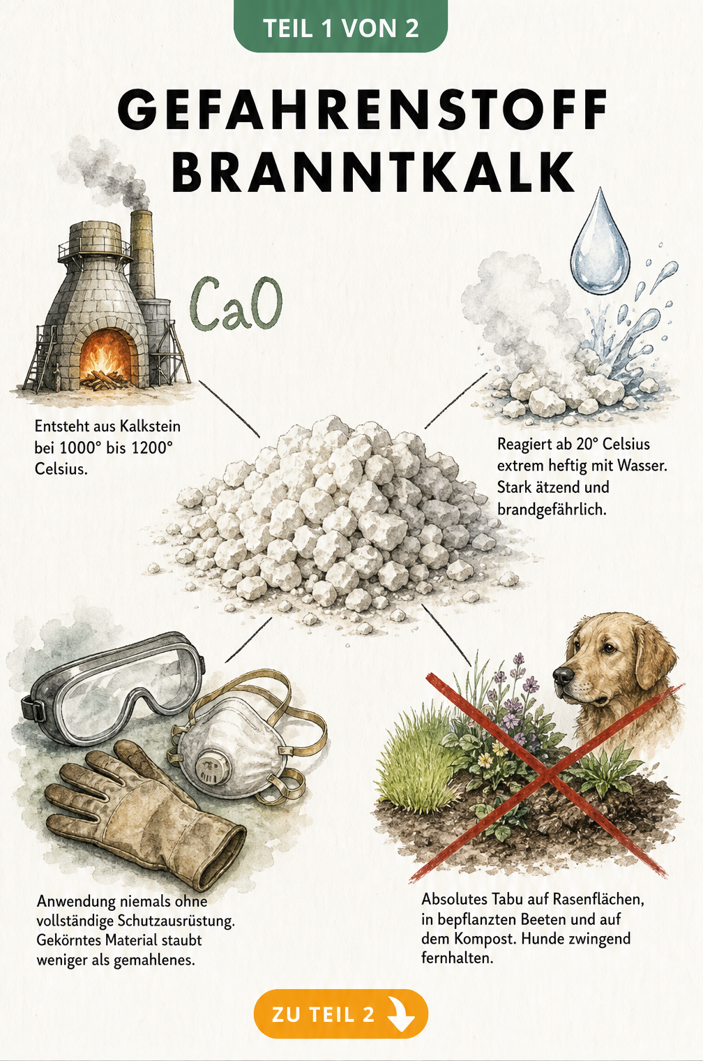 Illustration der Eigenschaften und Gefahren von Branntkalk mit Schutzmaßnahmen