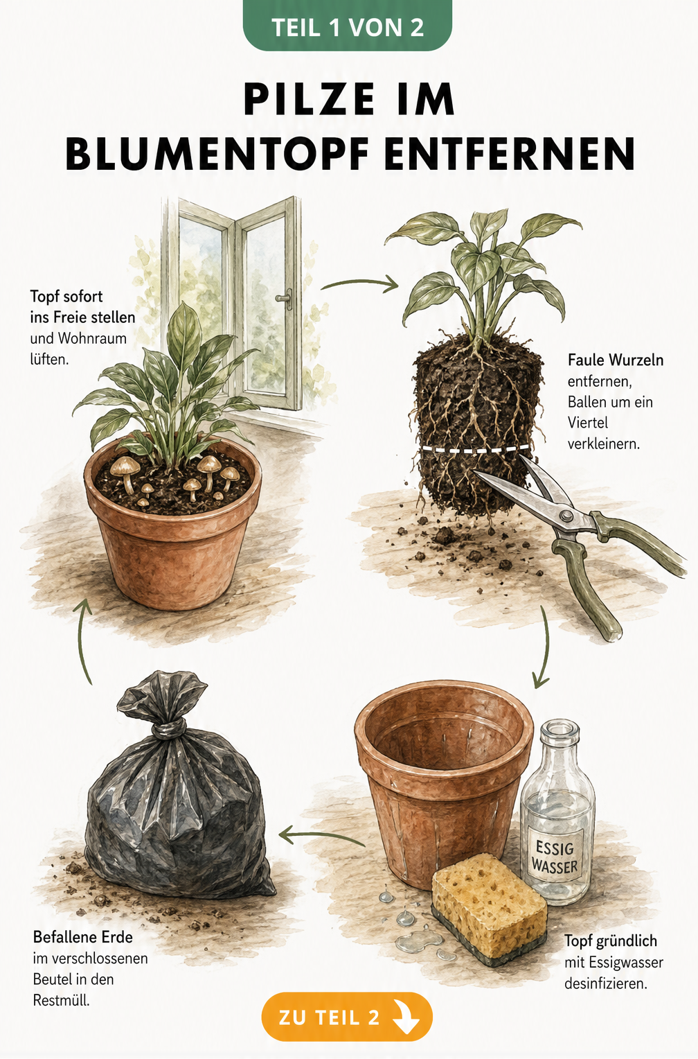 Illustration von vier Schritten zur Entfernung von braunen Pilzen im Blumentopf: Lüften, Wurzeln beschneiden, Topf desinfizieren und Erde entsorgen.