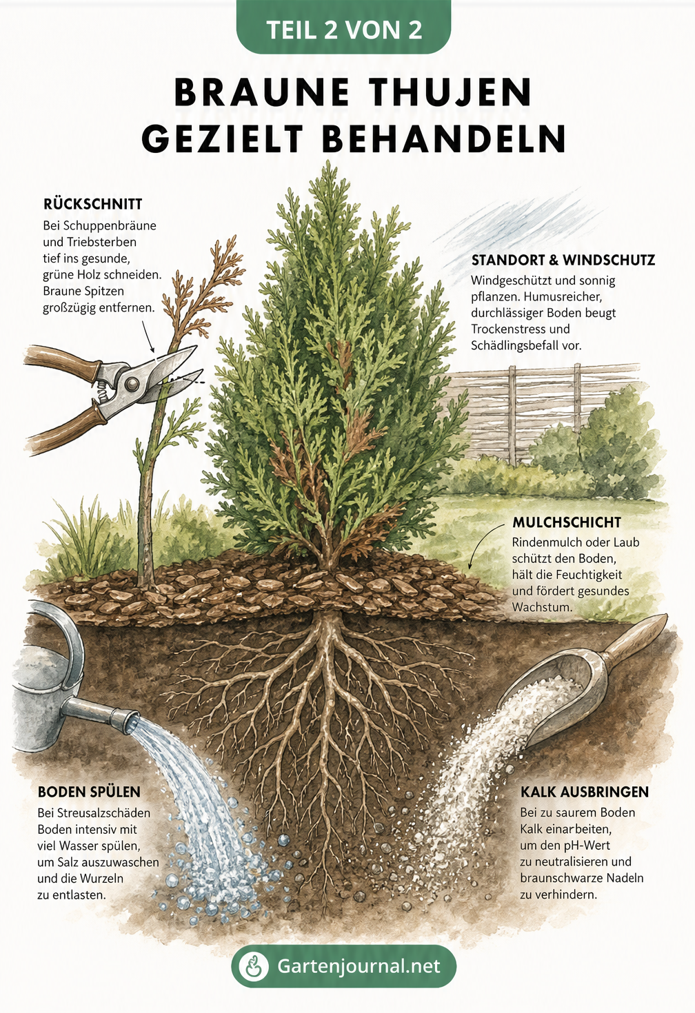 Querschnitt durch den Boden einer Thuja-Hecke mit Maßnahmen wie Bodenspülung, Kalkung, Mulchen und Rückschnitt.