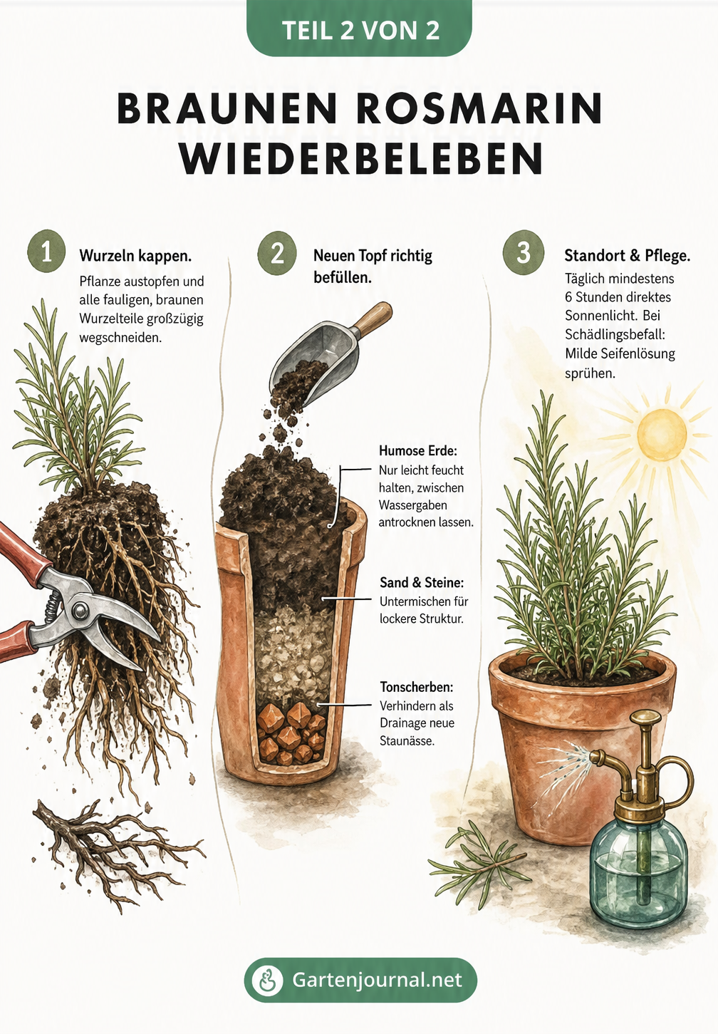 Schritt-für-Schritt-Anleitung zur Rettung von braunem Rosmarin: faule Wurzeln abschneiden, mit Drainage umtopfen und richtig pflegen