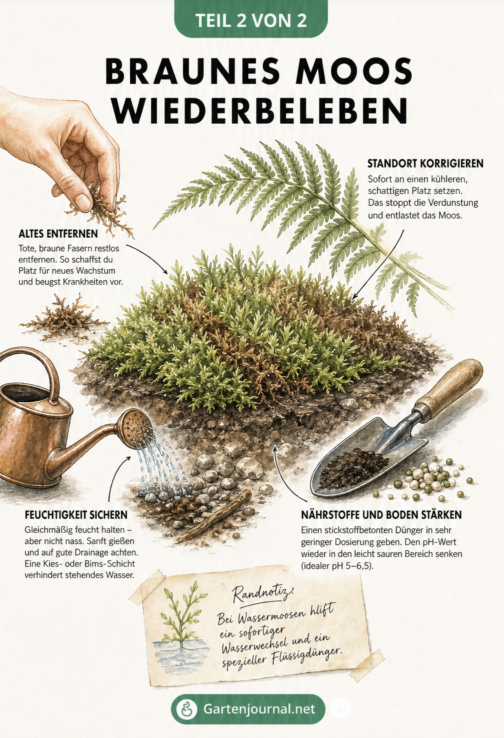 Illustration eines sich erholenden Moospolsters mit Werkzeugen für Pflegemaßnahmen wie Zupfen, Beschatten, Gießen und Düngen.