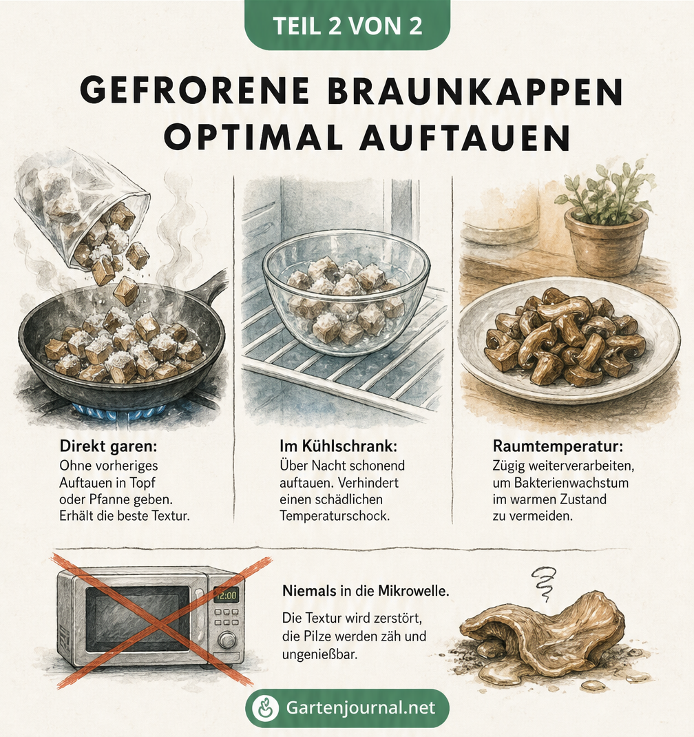 Illustration zum optimalen Auftauen von Braunkappen: Direkt garen, im Kühlschrank oder bei Raumtemperatur, ohne Mikrowelle