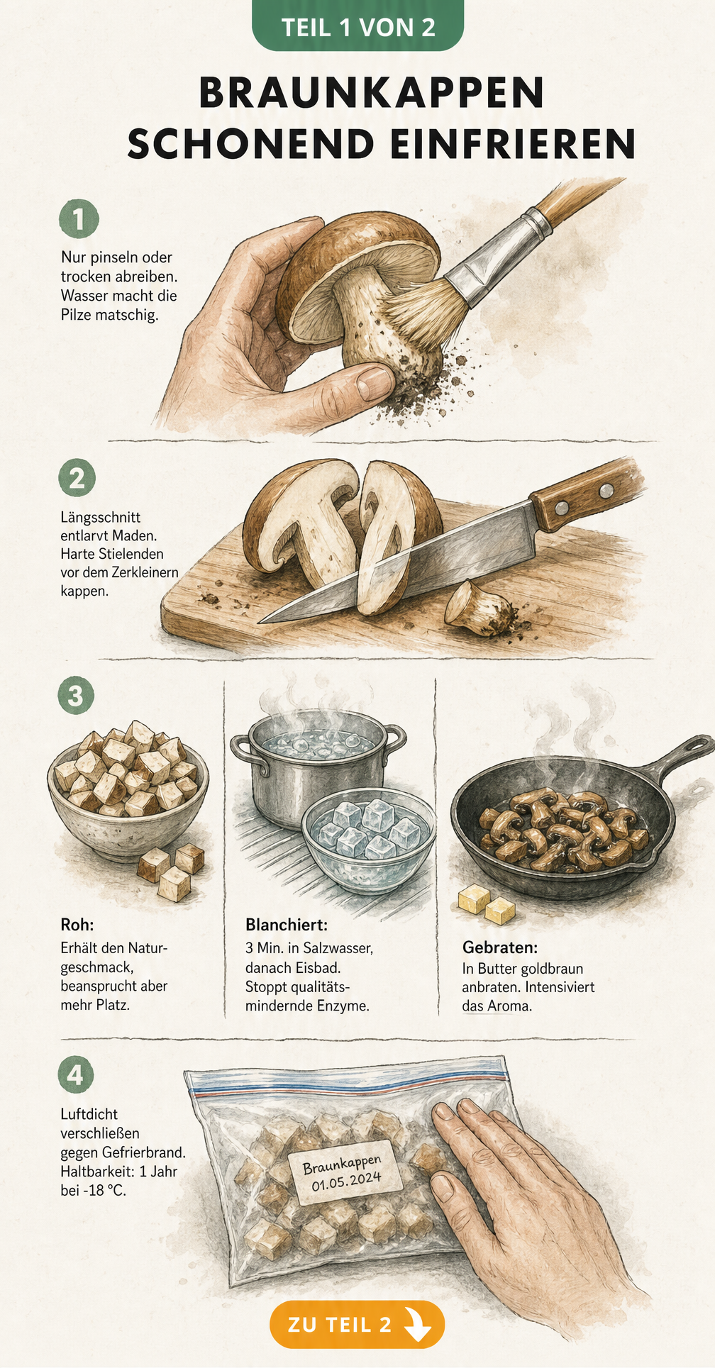 Illustration der Vorbereitung von Braunkappen zum Einfrieren: Reinigen, Schneiden, Blanchieren, Braten und luftdichtes Verpacken