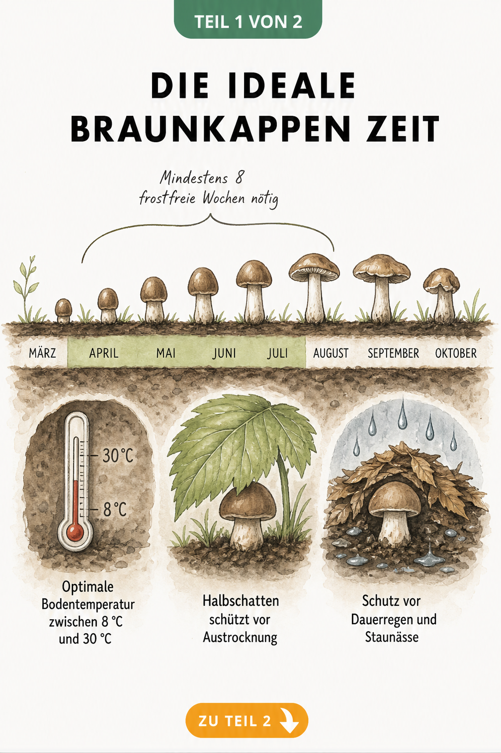Handgezeichnete Zeitachse von März bis Oktober, die den idealen Zeitraum für Braunkappen von April bis Juli sowie Temperatur- und Standortbedingungen zeigt.