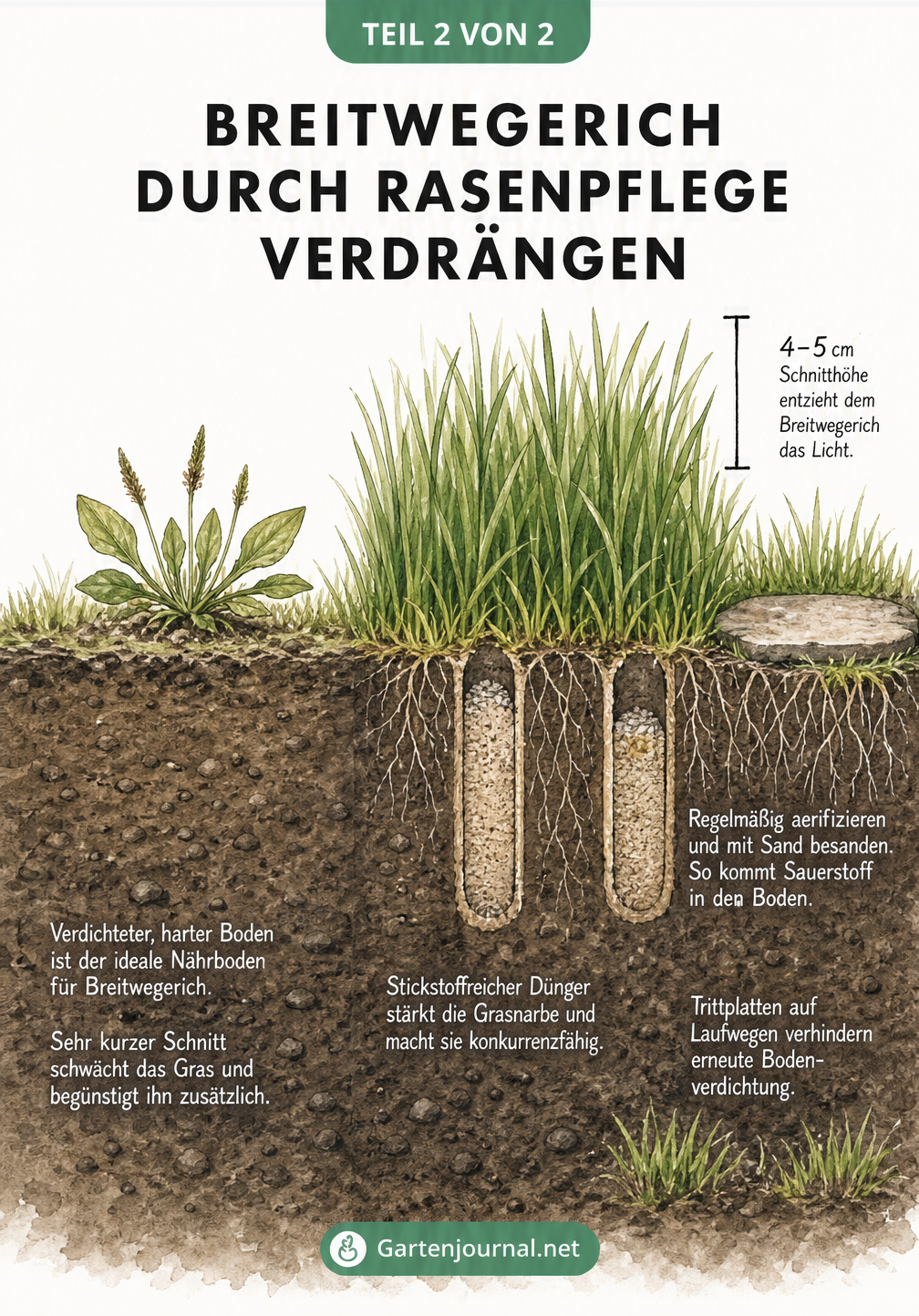 Vorher-Nachher-Vergleich eines Bodenprofils: Verdichteter Boden mit Breitwegerich vs. gesunder Rasen durch Aerifizieren