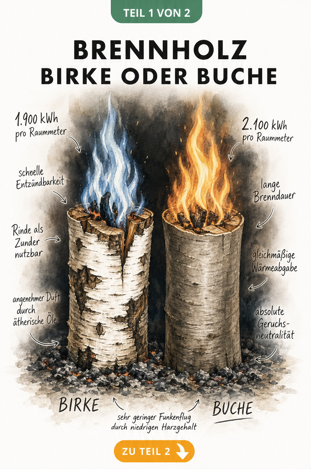Illustration von brennenden Holzscheiten aus Birke und Buche mit Brennwerten und Eigenschaften