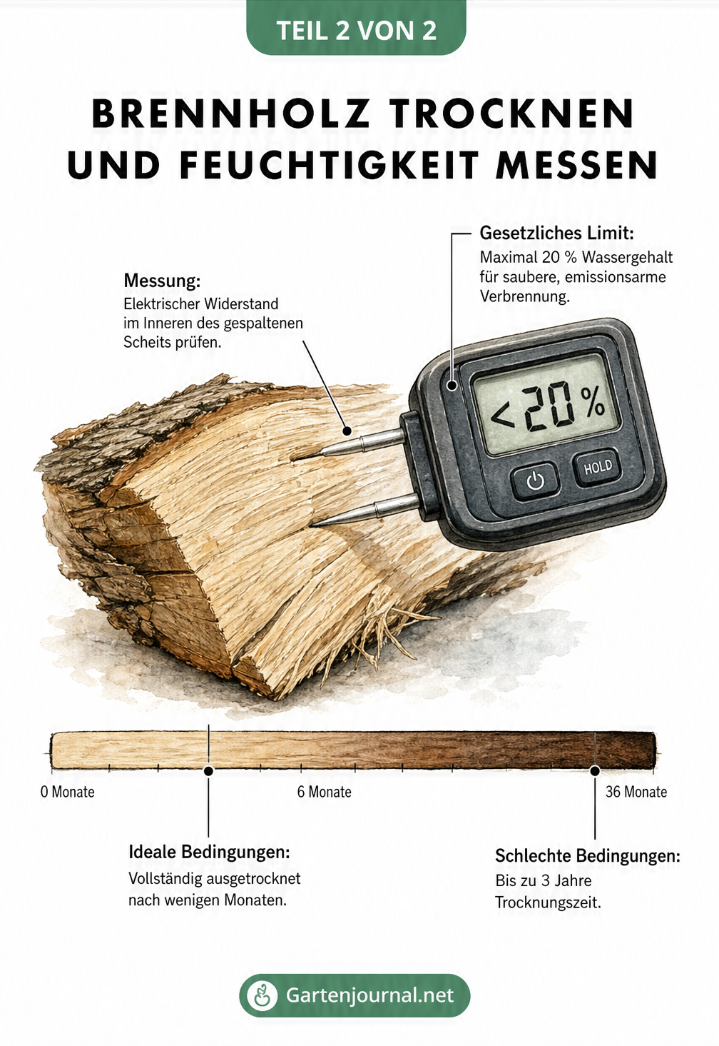 Nahaufnahme eines Holzfeuchtemessgeräts, das in ein Eichenscheit gedrückt wird und weniger als 20 Prozent anzeigt