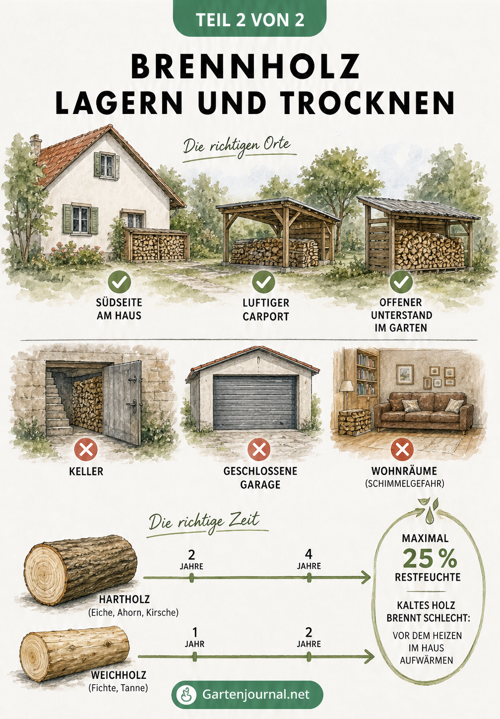 Illustration von idealen und falschen Lagerorten für Brennholz sowie Zeitstrahlen zur Trocknungsdauer von Hart- und Weichholz