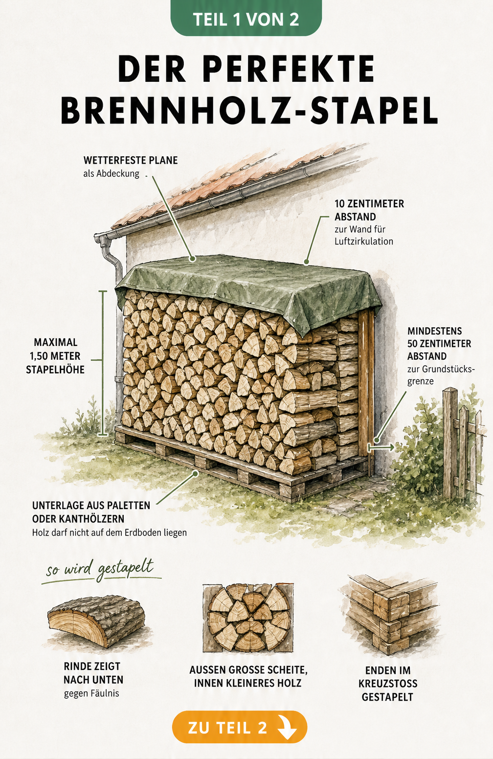 Schnitt-Illustration eines Brennholz-Stapels an einer Hauswand mit Hinweisen zu Aufbau, Abdeckung und Abstand