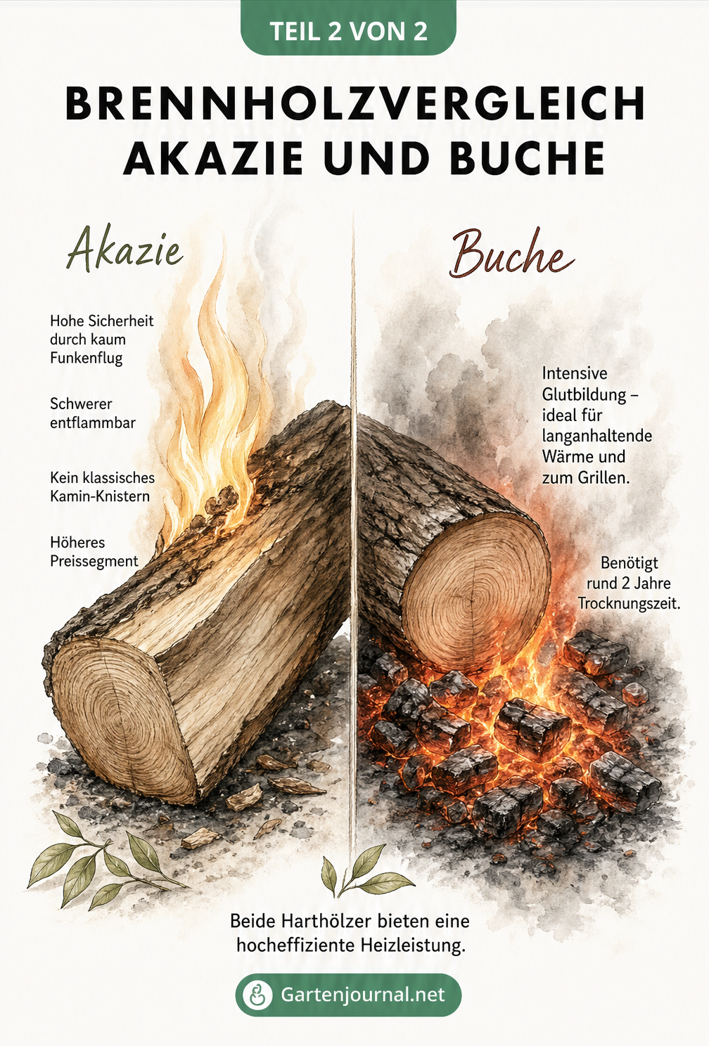 Gegenüberstellung von Akazienholz und Buchenholz als Brennholz mit Fokus auf Flammenbild, Glutbildung und Trocknungszeit