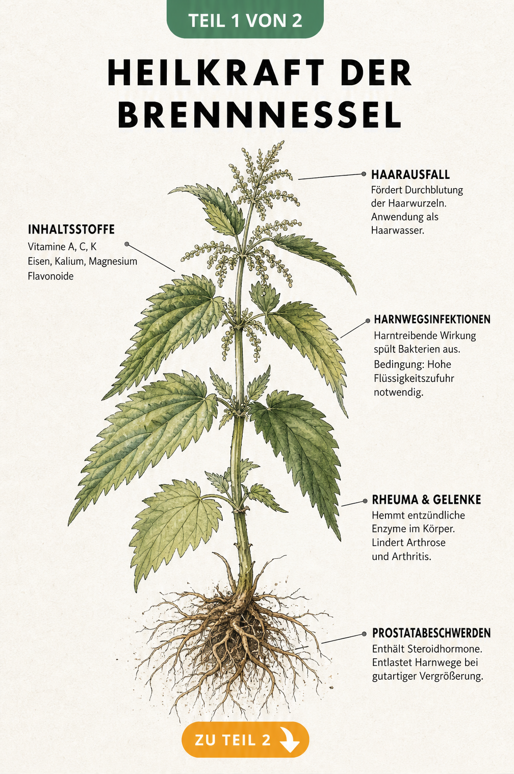Botanische Illustration einer Brennnessel mit Beschriftungen zu Inhaltsstoffen und medizinischer Wirkung bei Harnwegsinfektionen, Rheuma, Prostatabeschwerden...