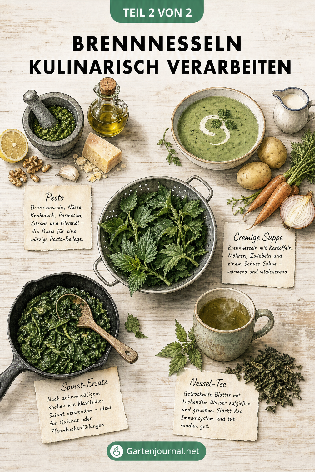 Aquarell-Illustration verschiedener Brennnessel-Rezepte: Pesto, cremige Suppe, Spinat-Ersatz und Tee auf einer rustikalen Holzarbeitsplatte.