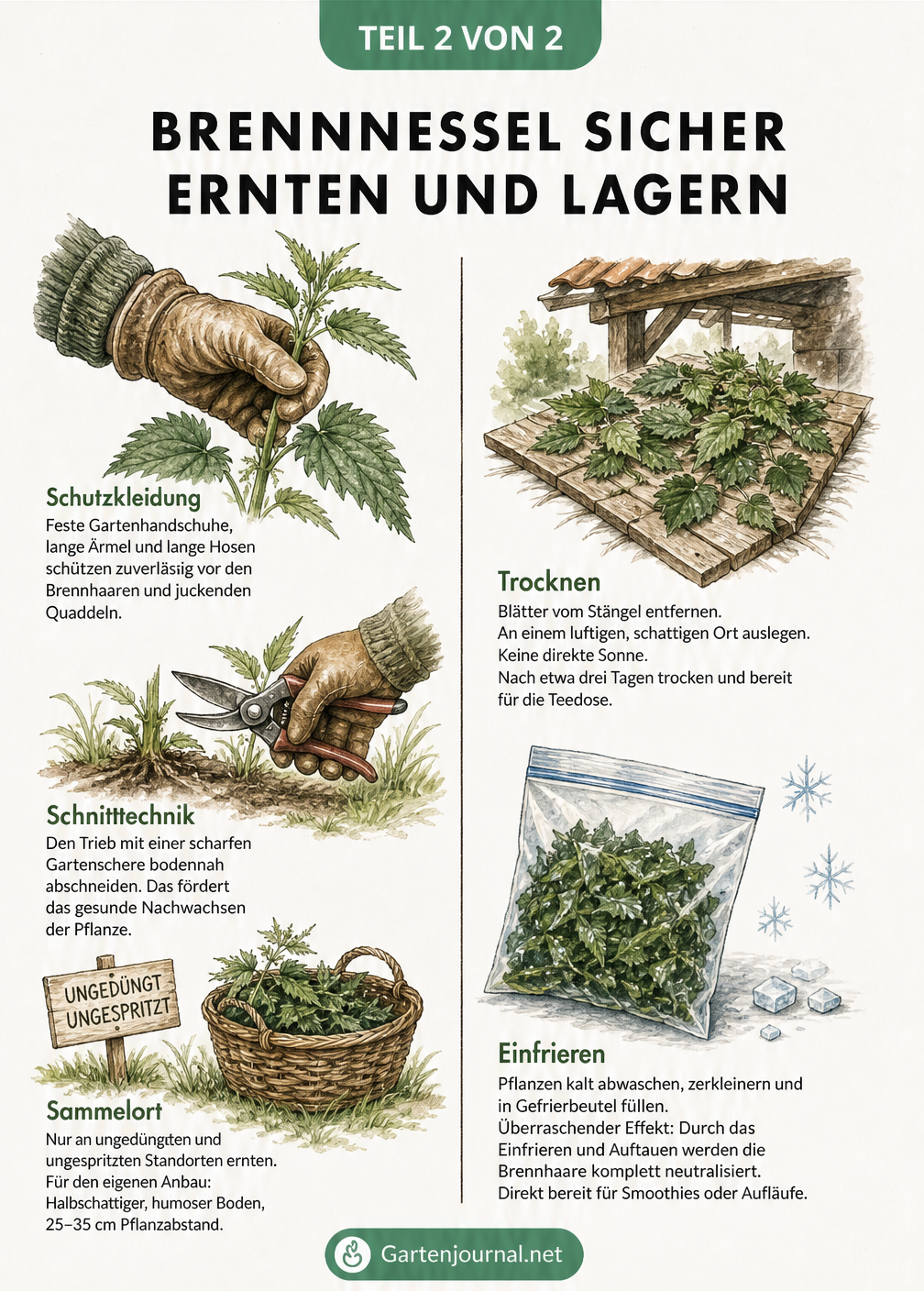 Illustration zur sicheren Ernte und Lagerung von Brennnesseln mit Schutzkleidung, Schnitttechnik, Trocknen und Einfrieren.