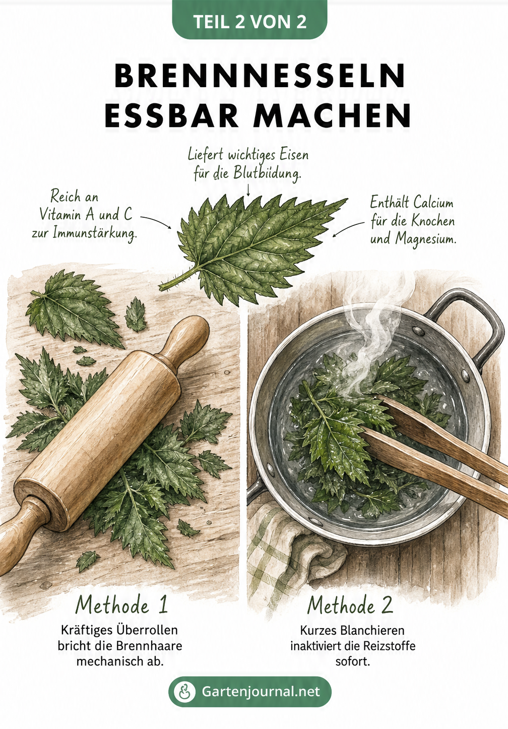 Illustration zur Zubereitung von Brennnesseln mit Nudelholz und kochendem Wasser sowie Nährstoffangaben