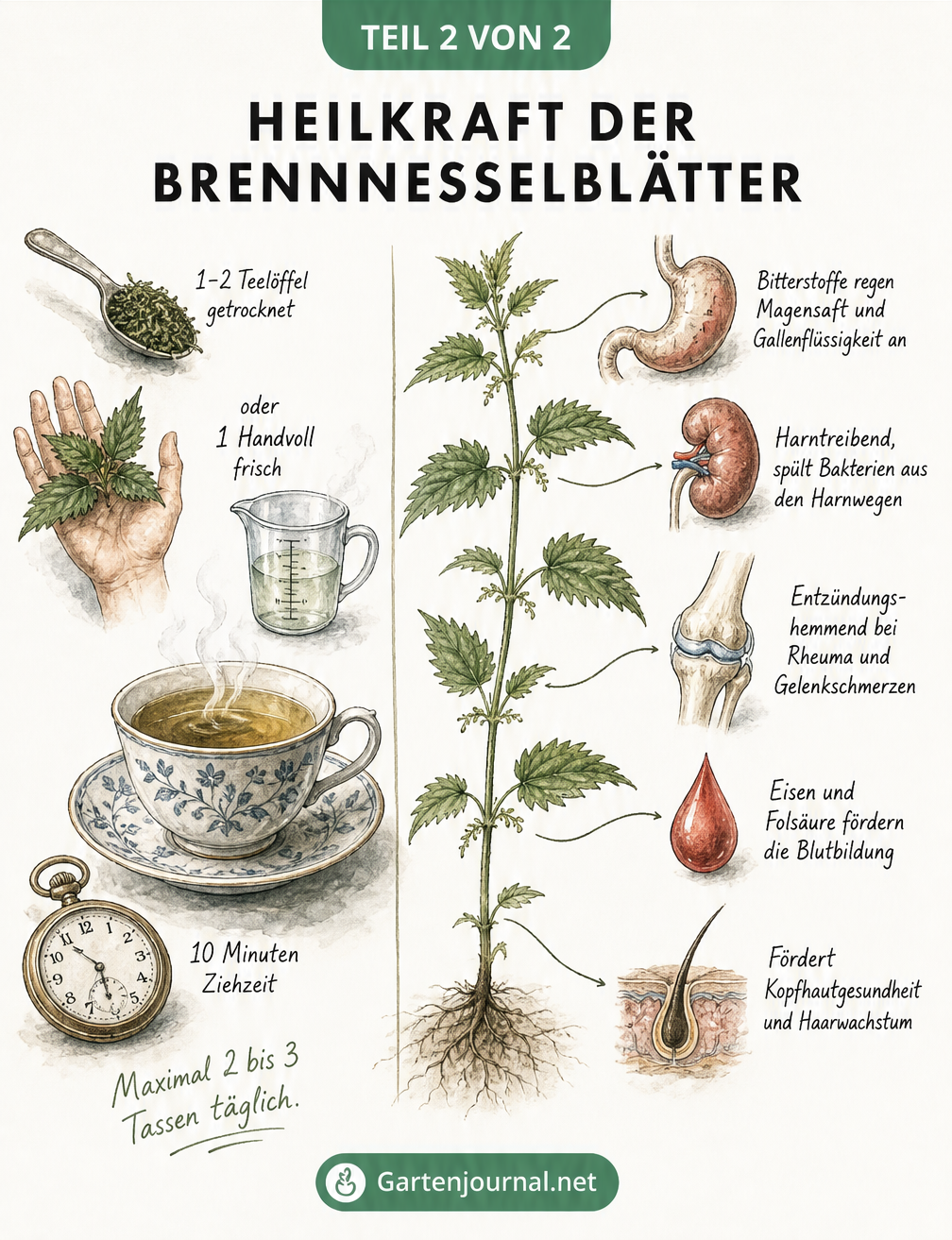 Illustration zur Verarbeitung von Brennnesselblättern in der Küche, vom Unschädlichmachen der Brennhaare bis zu fertigen Gerichten